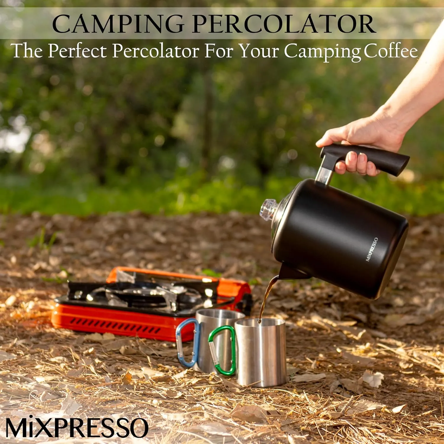 Mixpresso Black Stainless Steel Coffee Percolator Stovetop, 37oz Classic Percolator Coffee Pot, Excellent For Camping Pot, 5-8 Cup Stove Top Coffee Maker, Cool-Touch Handle