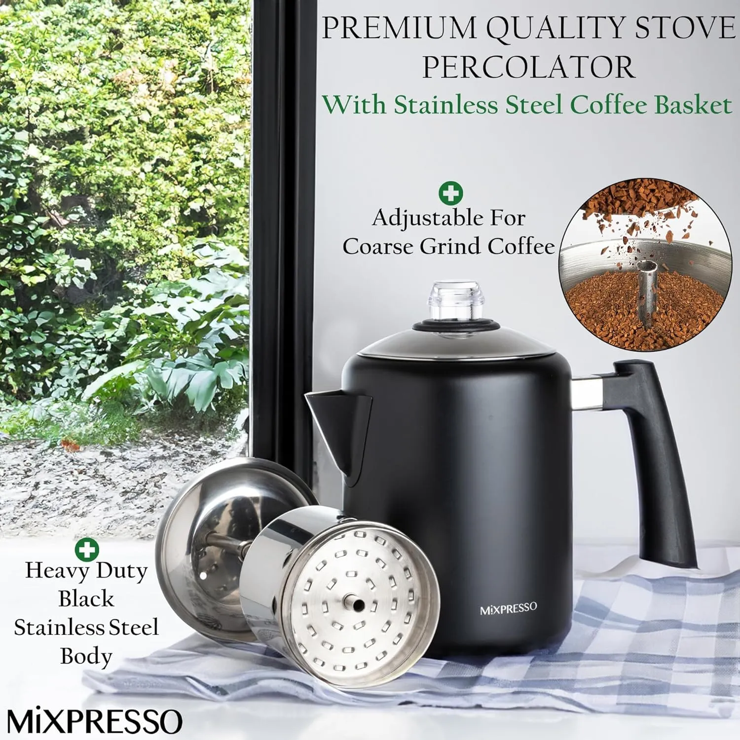 Mixpresso Black Stainless Steel Coffee Percolator Stovetop, 37oz Classic Percolator Coffee Pot, Excellent For Camping Pot, 5-8 Cup Stove Top Coffee Maker, Cool-Touch Handle