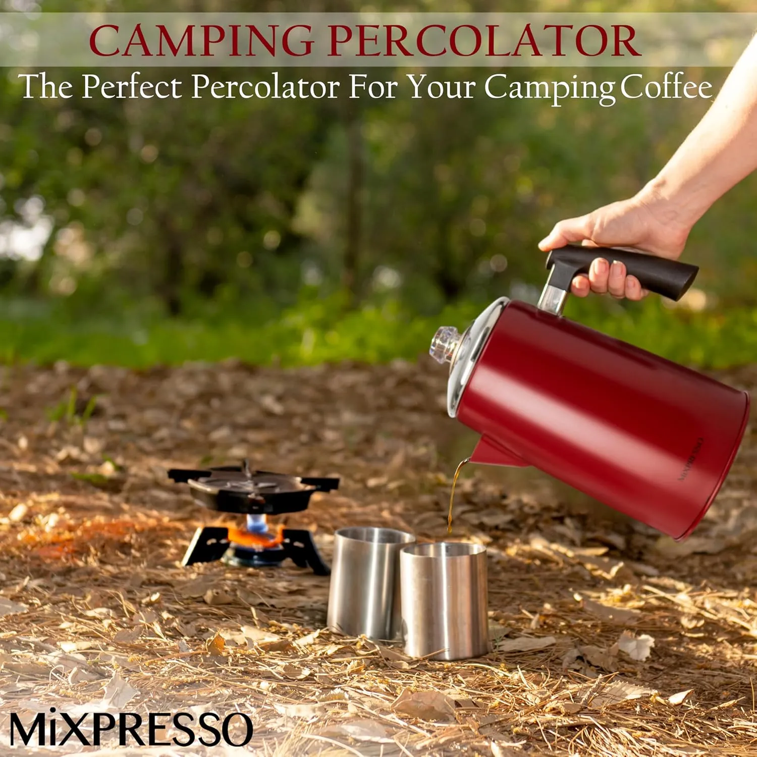 Mixpresso Red Stainless Steel Stovetop Coffee Percolator, 52 oz Classic Percolator Coffee Pot, Excellent As Camping Pot, 12 Cup Stainless Steel Camping Coffee Makers, Cool-Touch Handle.