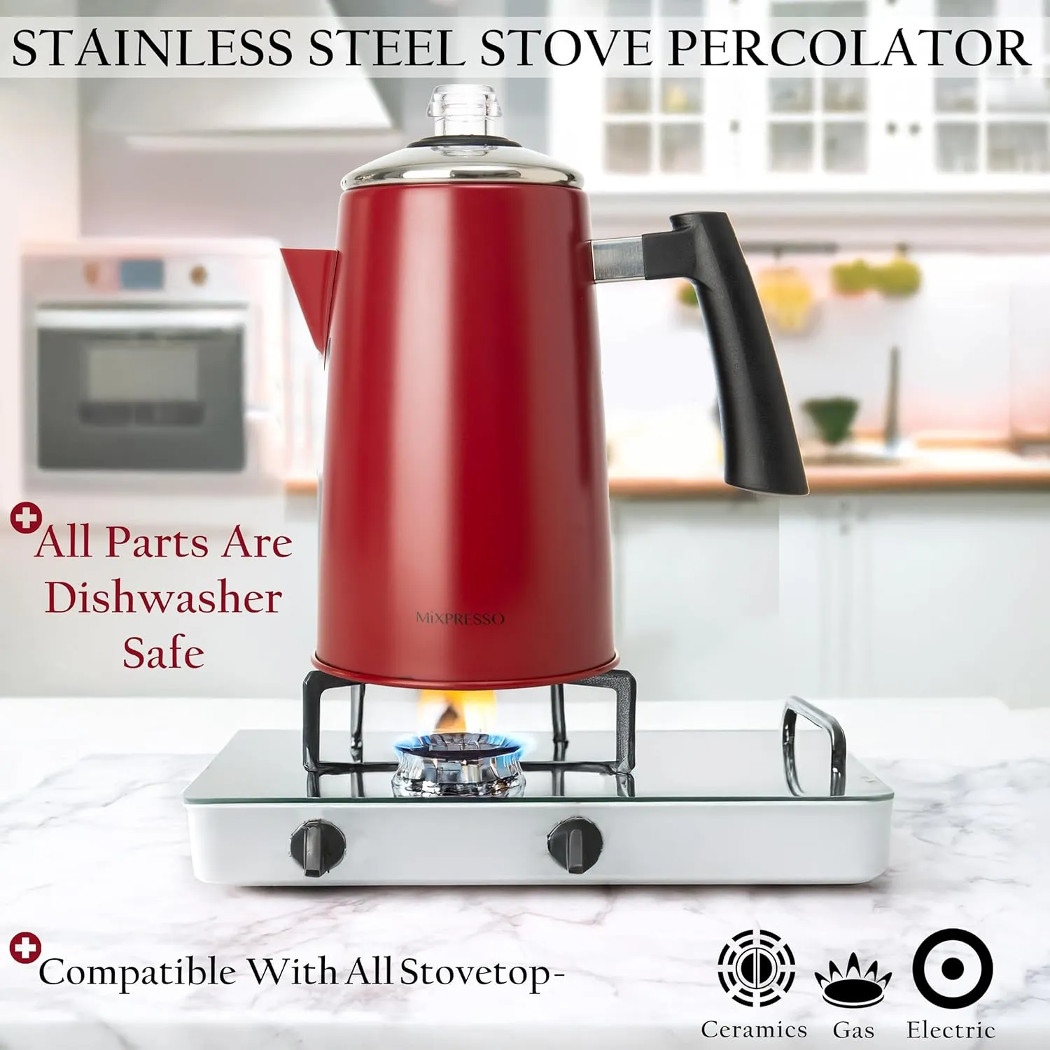Mixpresso Red Stainless Steel Stovetop Coffee Percolator, 52 oz Classic Percolator Coffee Pot, Excellent As Camping Pot, 12 Cup Stainless Steel Camping Coffee Makers, Cool-Touch Handle.