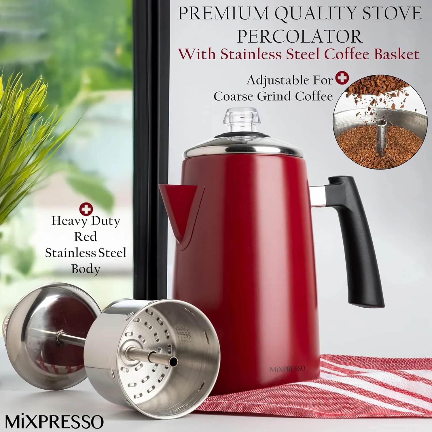 Mixpresso Red Stainless Steel Stovetop Coffee Percolator, 52 oz Classic Percolator Coffee Pot, Excellent As Camping Pot, 12 Cup Stainless Steel Camping Coffee Makers, Cool-Touch Handle.