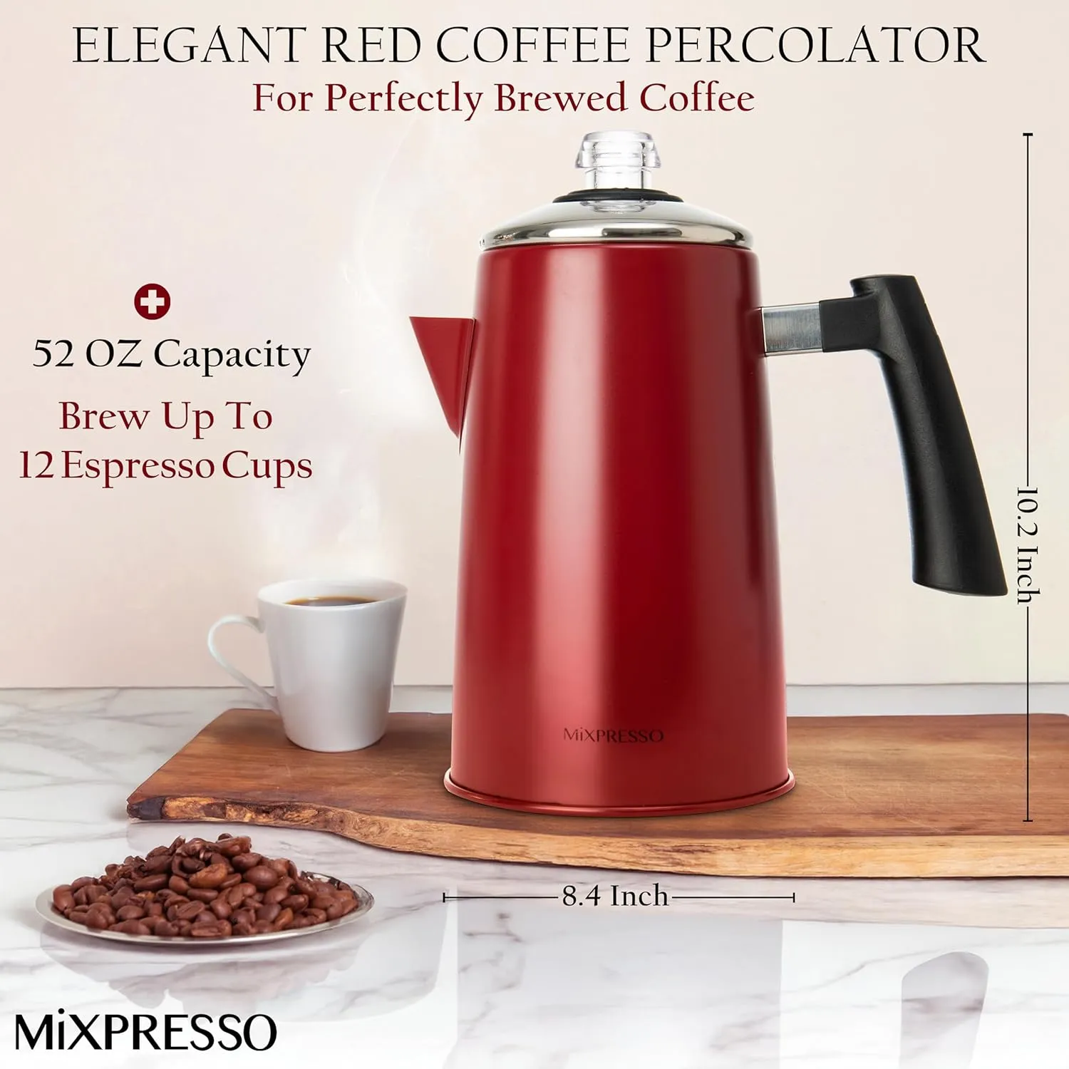 Mixpresso Red Stainless Steel Stovetop Coffee Percolator, 52 oz Classic Percolator Coffee Pot, Excellent As Camping Pot, 12 Cup Stainless Steel Camping Coffee Makers, Cool-Touch Handle.