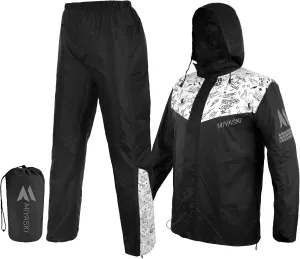 Miyaski Rain Suit Waterproof Jacket with Pants 2 Pieces Breathable Lightweight Packable Raincoat with Hooded Rain Gear Unisex