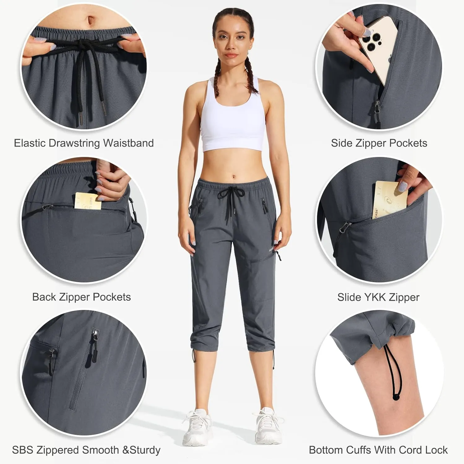 MOCOLY Women's Cargo Hiking Pants Elastic Waist Quick Dry Lightweight Outdoor Water Resistant UPF 50  Long Pants Zipper