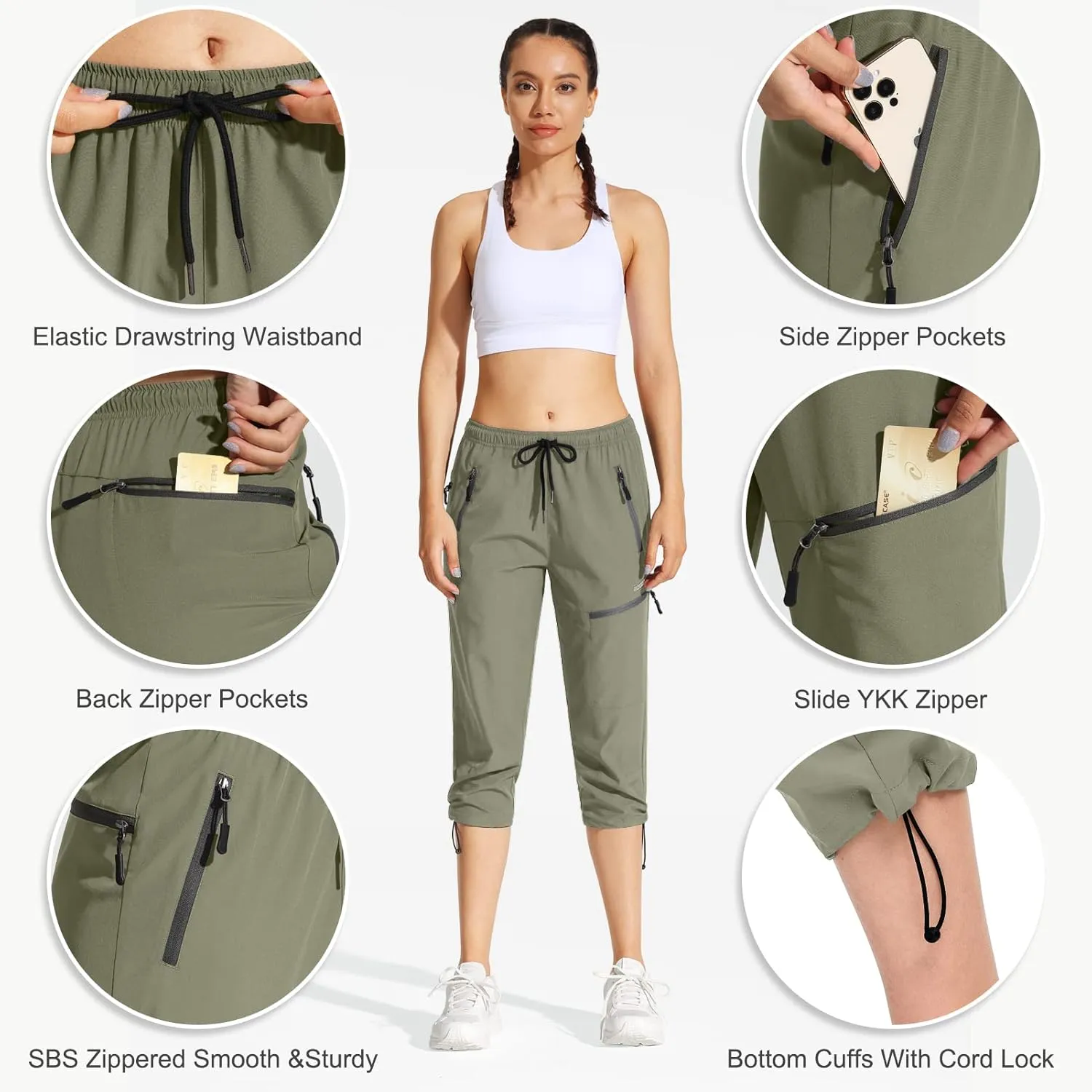 MOCOLY Women's Cargo Hiking Pants Elastic Waist Quick Dry Lightweight Outdoor Water Resistant UPF 50  Long Pants Zipper
