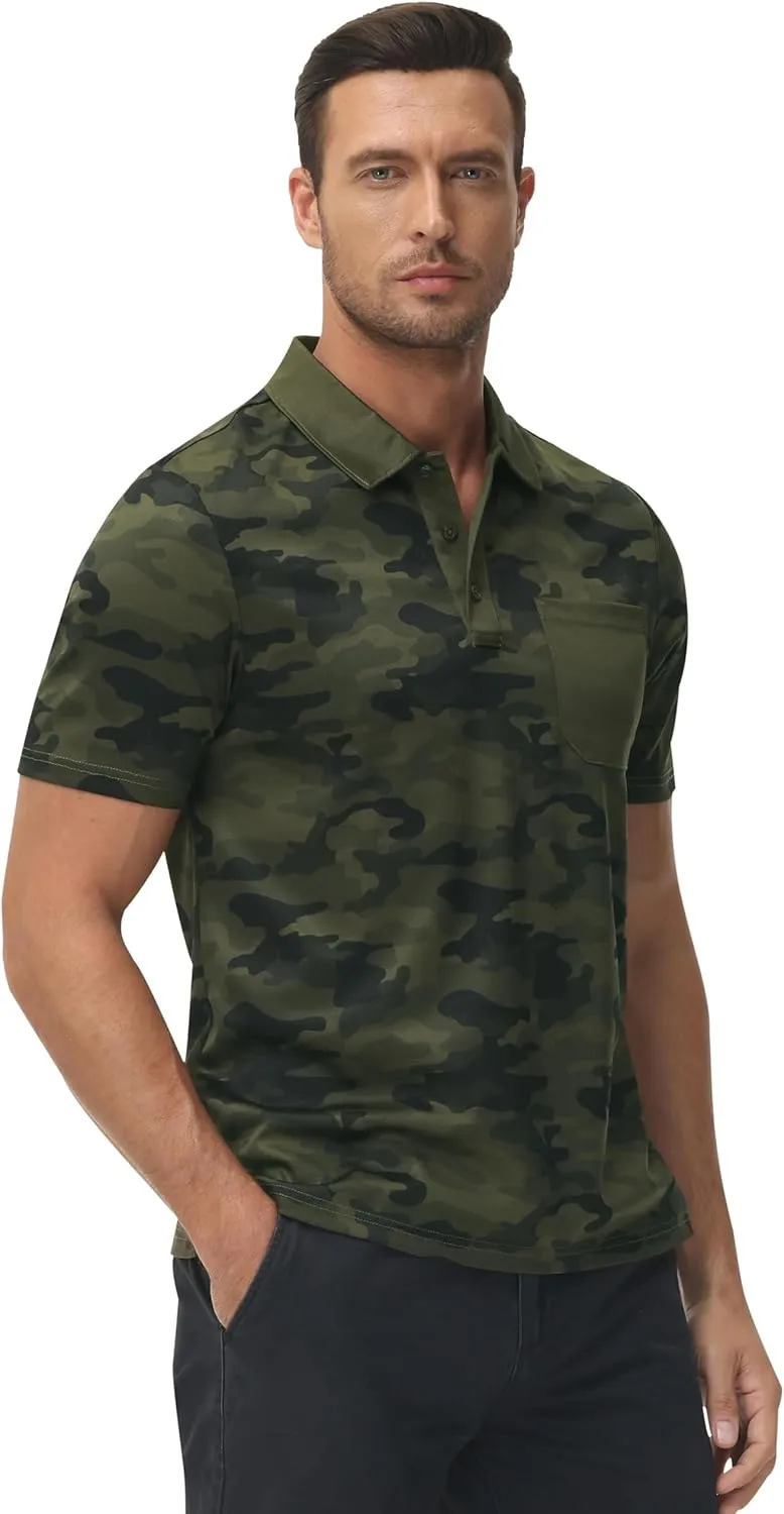 MoFiz Mens Camo Polo Golf Shirts Lightweight Dry Fit Pique Short Sleeve Collared Hiking T-Shirts Dry fit Activewear