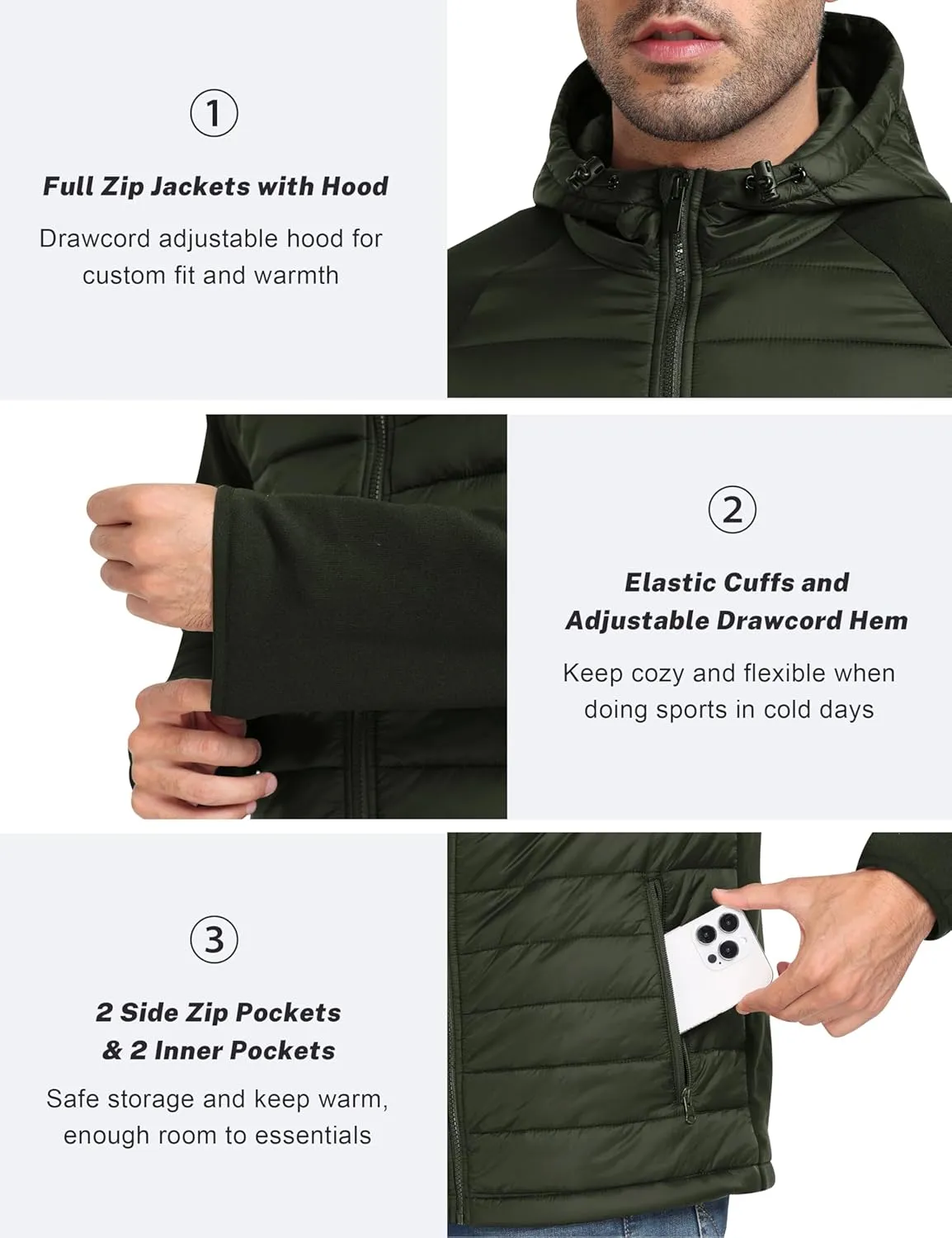 MoFiz Mens Running Hybrid Fleece Jackets Lightweight Puffy Hiking Jacket Winter Thermal Full Zip Hood Insulated Jacket Coat