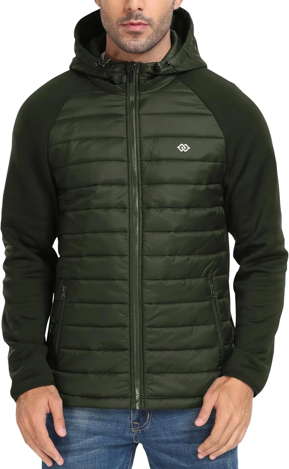 MoFiz Mens Running Hybrid Fleece Jackets Lightweight Puffy Hiking Jacket Winter Thermal Full Zip Hood Insulated Jacket Coat