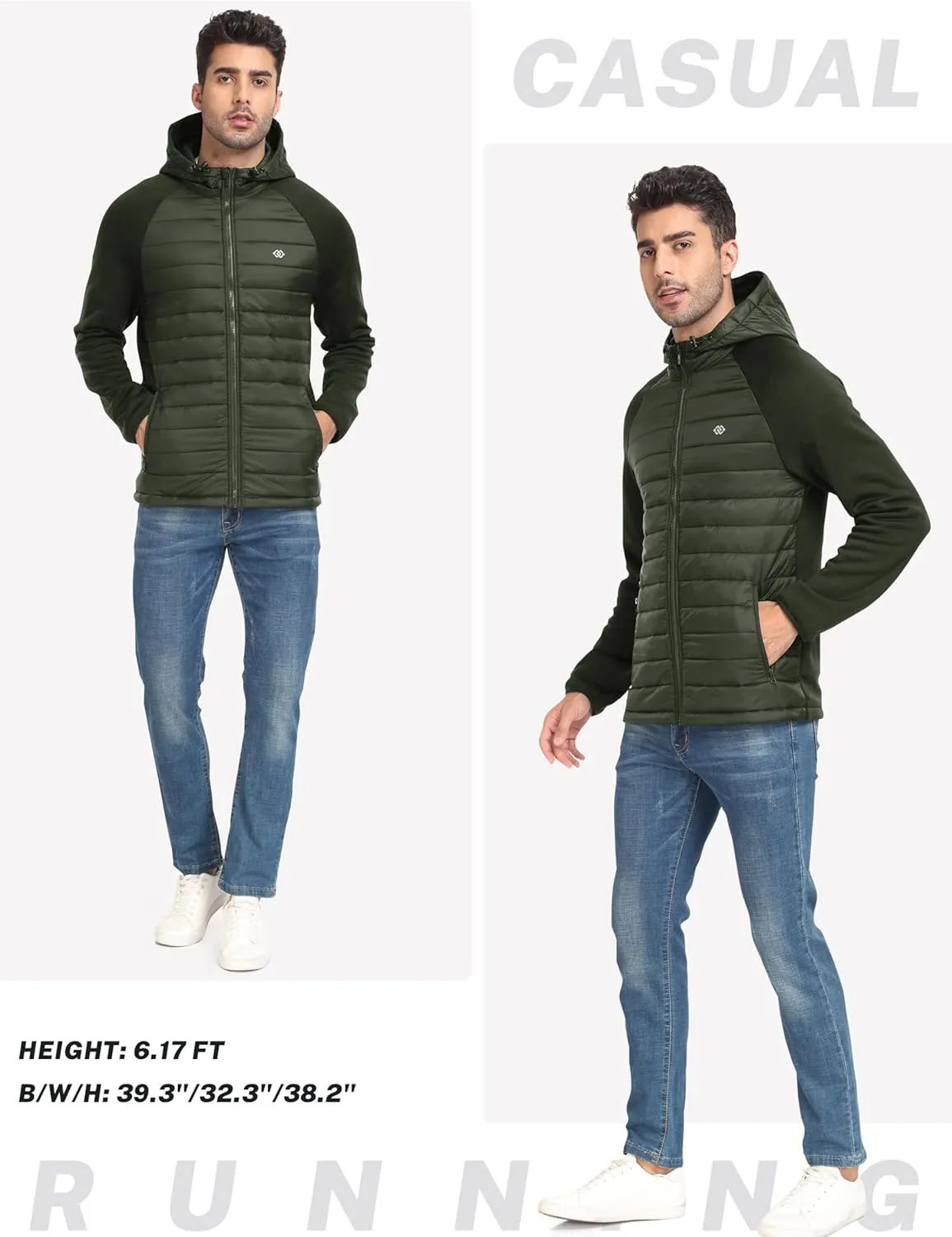 MoFiz Mens Running Hybrid Fleece Jackets Lightweight Puffy Hiking Jacket Winter Thermal Full Zip Hood Insulated Jacket Coat
