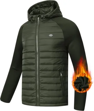 MoFiz Mens Running Hybrid Fleece Jackets Lightweight Puffy Hiking Jacket Winter Thermal Full Zip Hood Insulated Jacket Coat