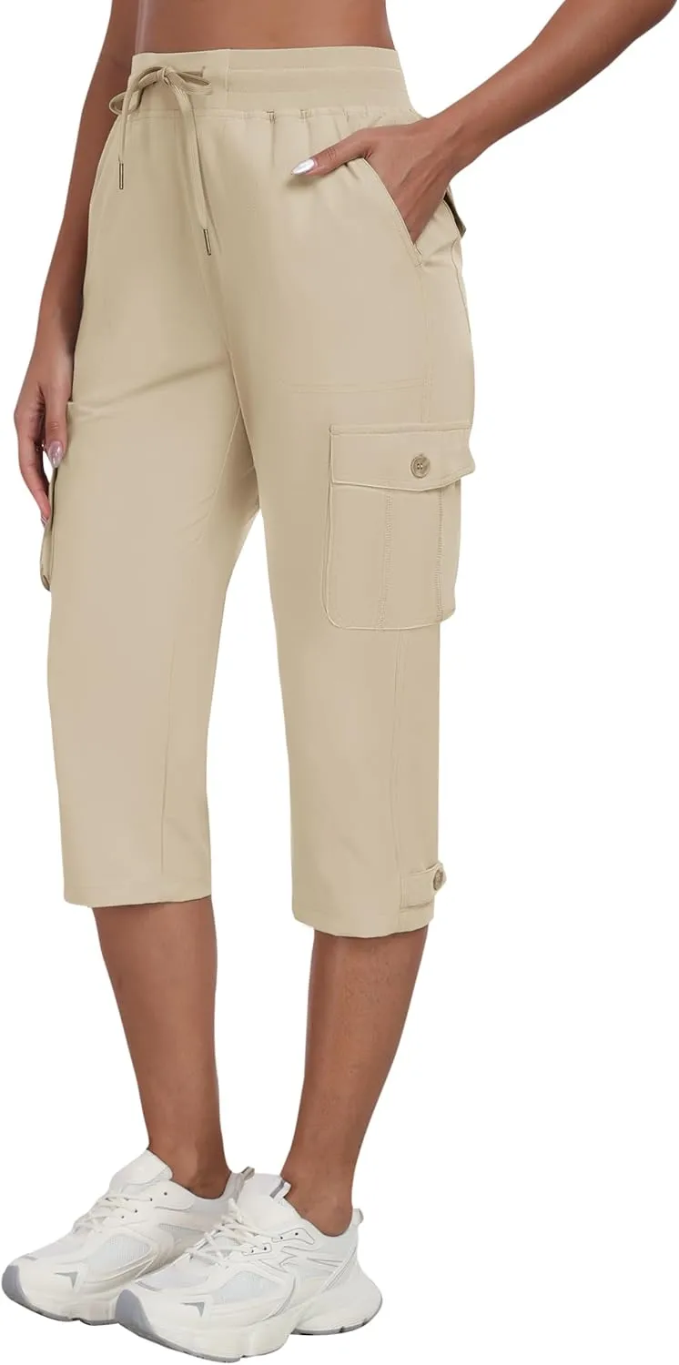 MoFiz Women's Cargo Capris Pants with Pockets Lightweight Quick Dry Travel Hiking Summer Pants for Women