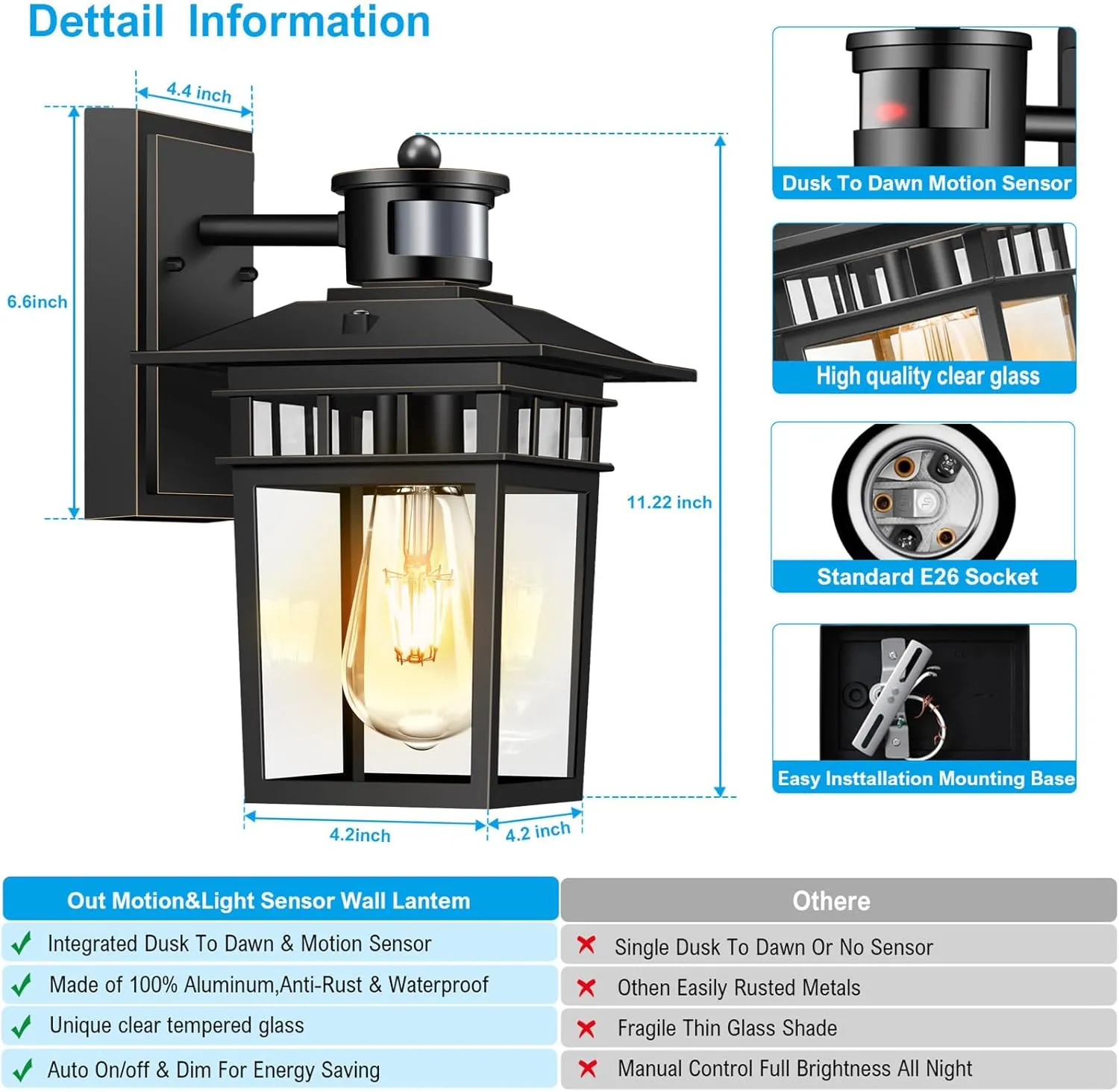 Motion Sensor Outdoor Lights Wall Mount, Dusk to Dawn Exterior Sensor Light Fixture Wall Mount, Outdoor Light for House Porch Garage Patio, Exterior Black Gold Wall Sconce, Anti Rust
