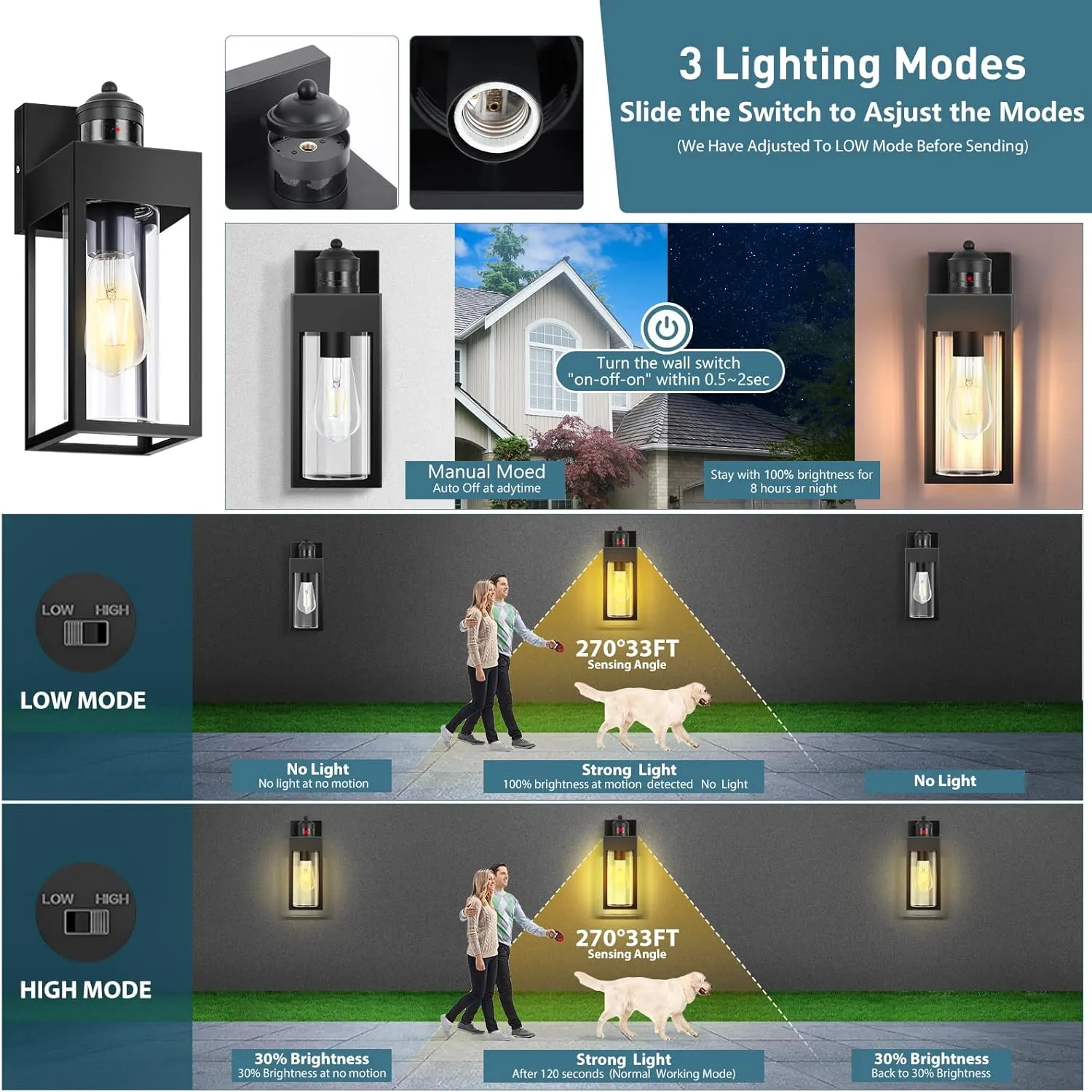 Motion Sensor Outdoor Wall Lanterns, 2 Packs Dusk to Dawn Sensor Light Fixture, Aluminum Waterproof Exterior Front Porch Lights for Garage Patio Garden House Entryway