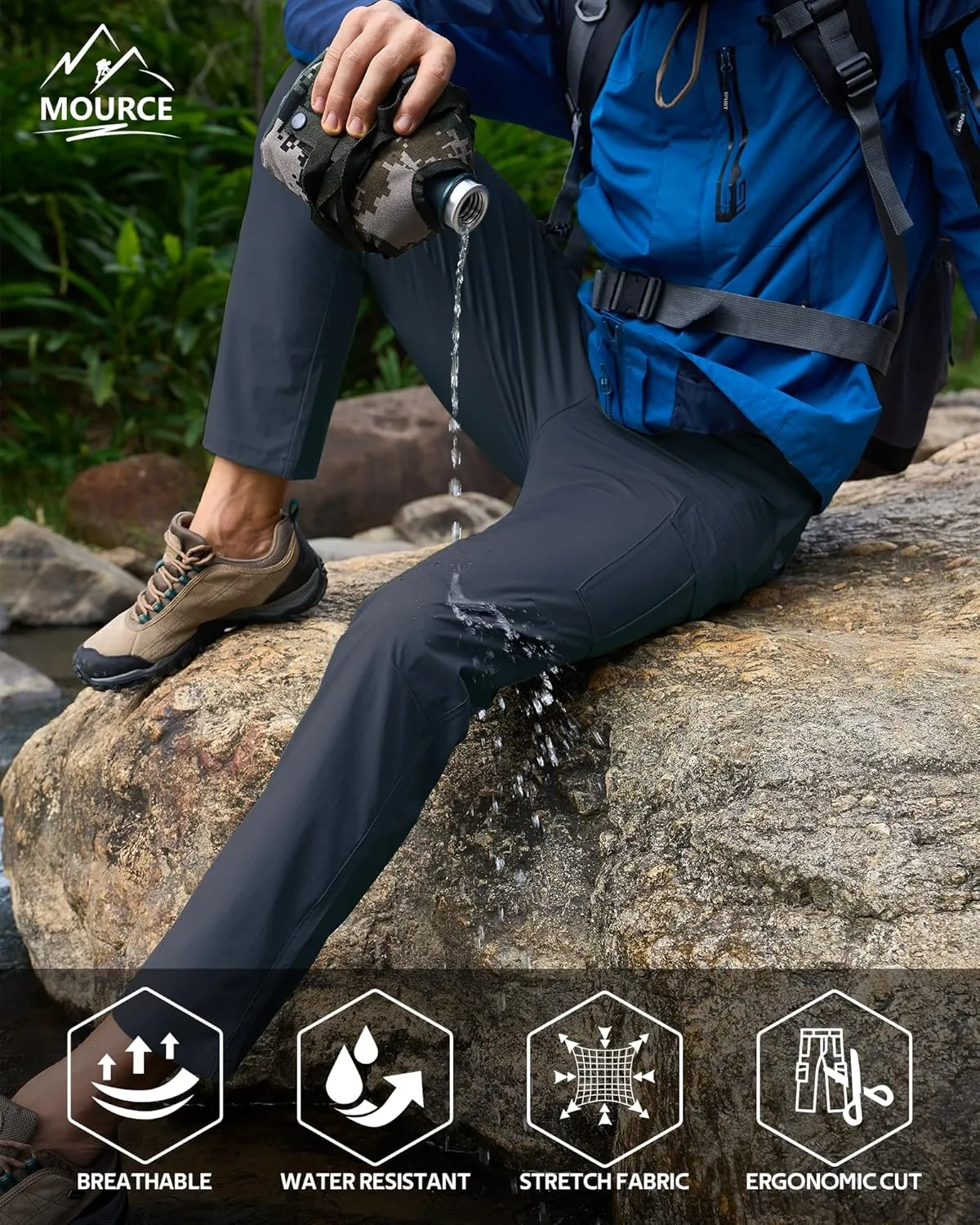 MOURCE Men's Hiking Pants Outdoor Water Resistant Flex Ripstop Cargo Pants Quick Dry Lightweight Fit Pants 6 Pockets and Belt
