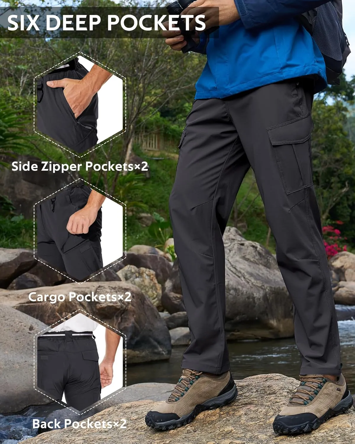 MOURCE Men's Hiking Pants Outdoor Water Resistant Flex Ripstop Cargo Pants Quick Dry Lightweight Fit Pants 6 Pockets and Belt