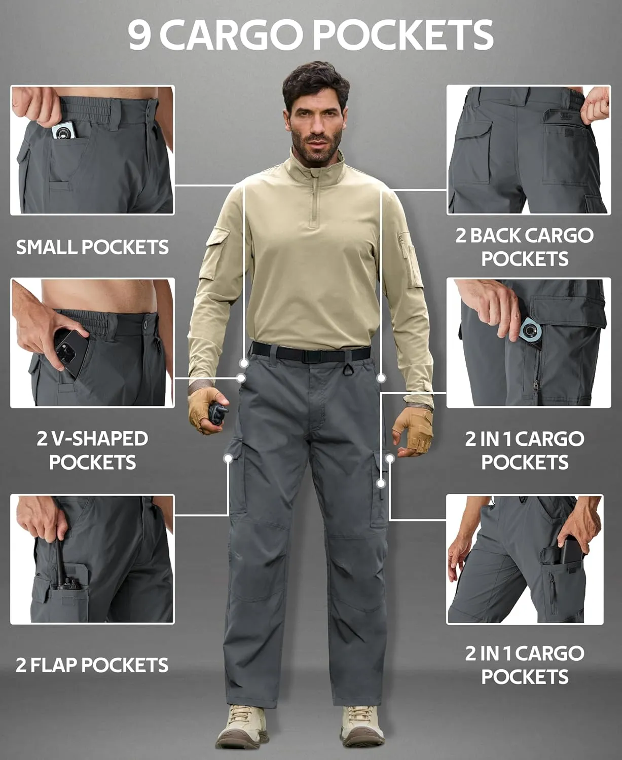 MOURCE Ripstop Tactical Pants for Men Stretch Breathable - Lightweight Quick Dry Mens Hiking Pants with 9 Pockets