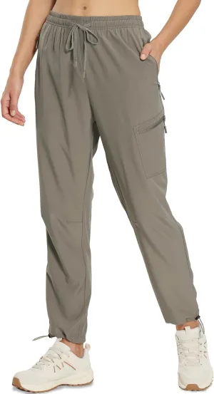 MOURCE Womens Hiking Pants Light Weight Quick Dry Elastic High Waist Cargo Joggers with 4 Zippered Pockets