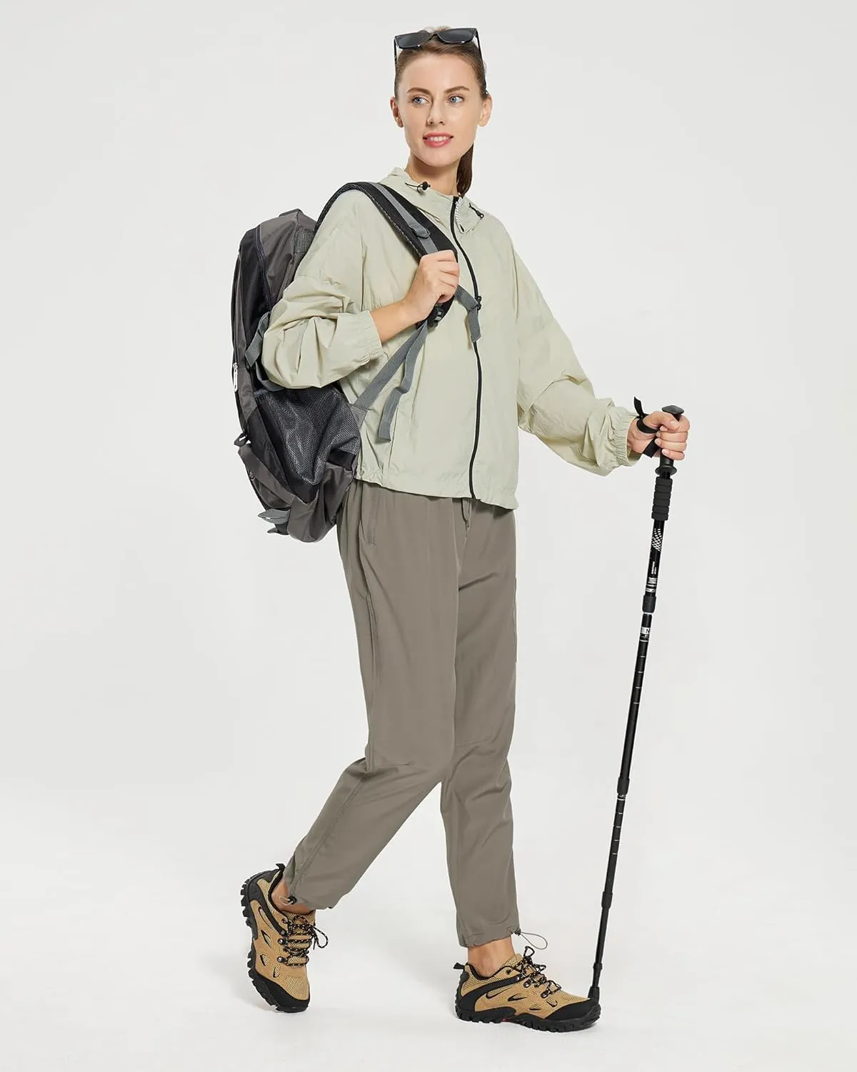MOURCE Womens Hiking Pants Light Weight Quick Dry Elastic High Waist Cargo Joggers with 4 Zippered Pockets