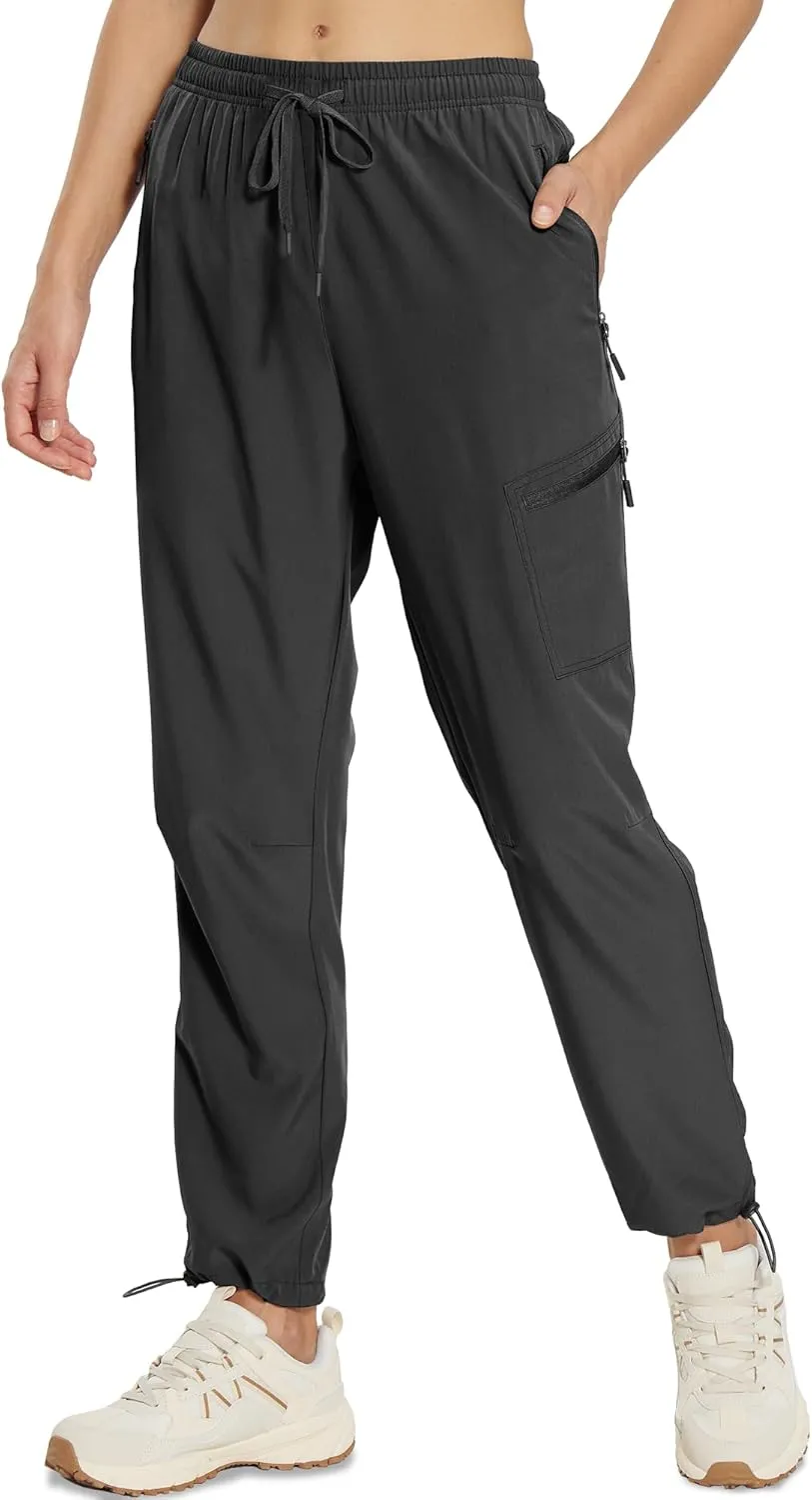 MOURCE Womens Hiking Pants Light Weight Quick Dry Elastic High Waist Cargo Joggers with 4 Zippered Pockets