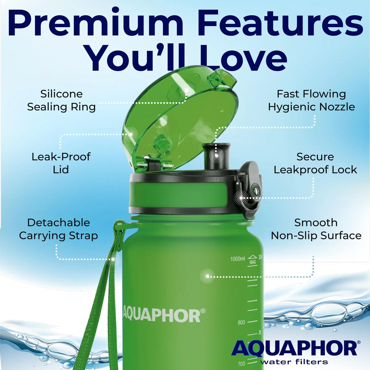 Nakii Filtered Water Bottle, Leakproof, BPA-Free, Motivational Markings, Travel, Everyday Use. 40-Gallon Filter, Replaces 300 Plastic Water Bottles. Includes 1 Filter, 22 FL Oz, Green by Aquaphor