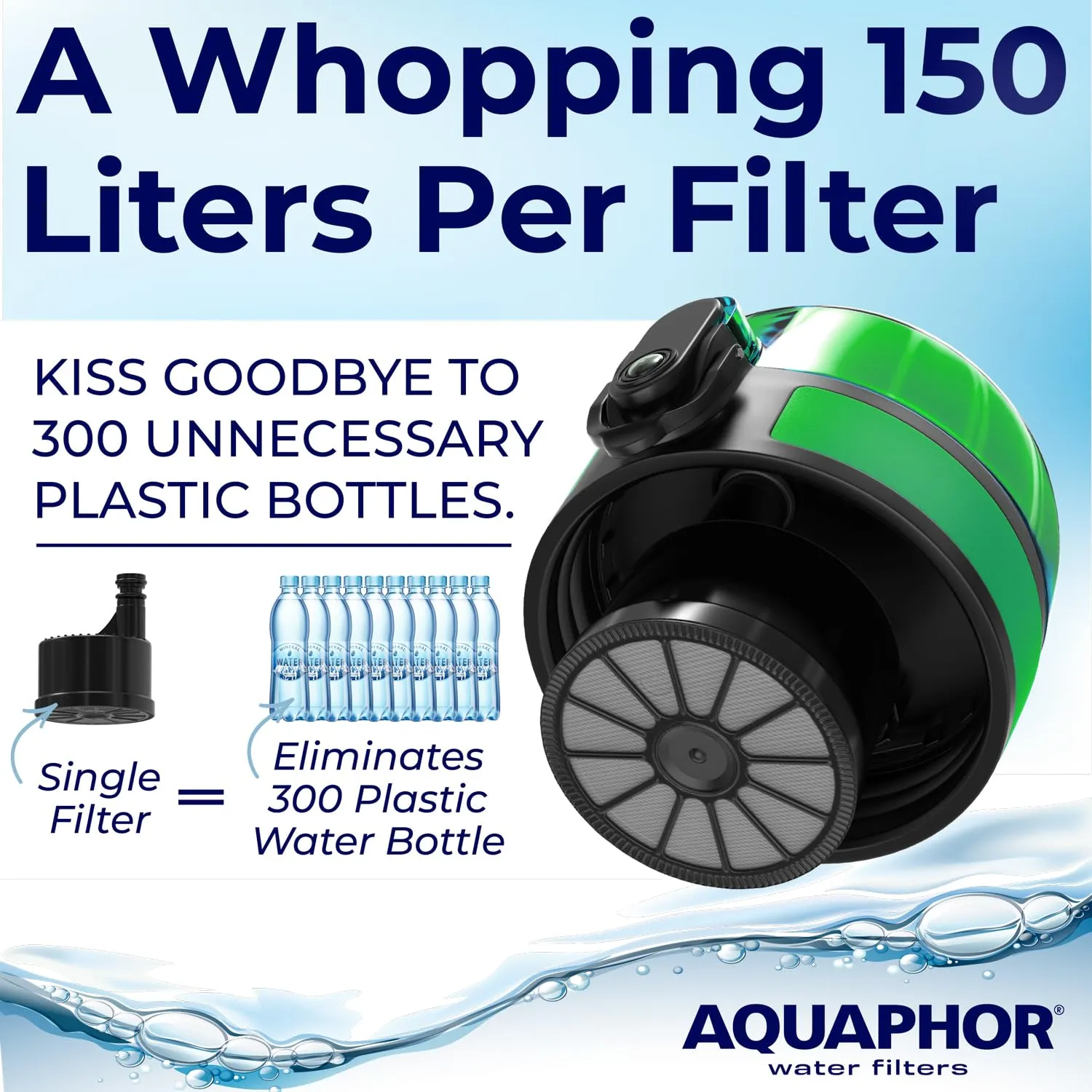 Nakii Filtered Water Bottle, Leakproof, BPA-Free, Motivational Markings, Travel, Everyday Use. 40-Gallon Filter, Replaces 300 Plastic Water Bottles. Includes 1 Filter, 22 FL Oz, Green by Aquaphor