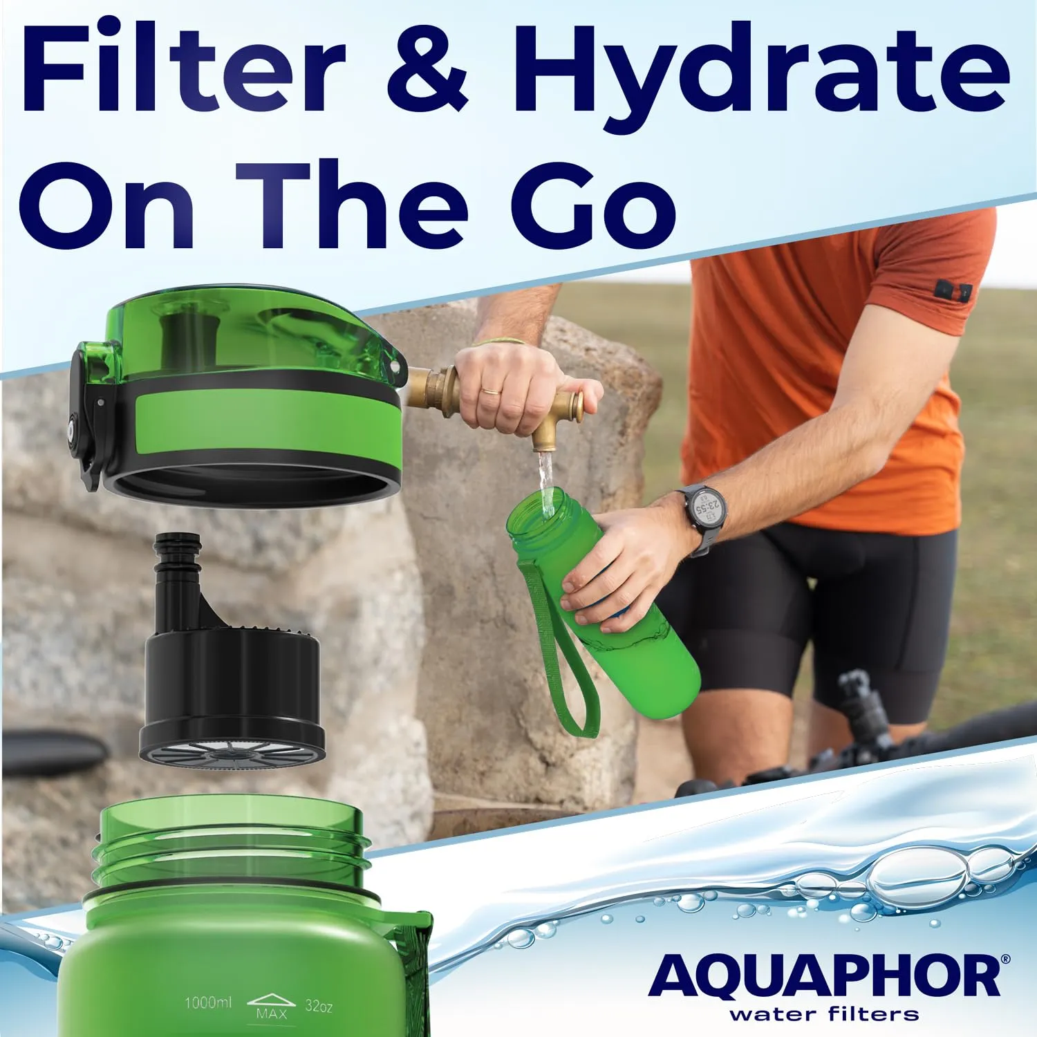 Nakii Filtered Water Bottle, Leakproof, BPA-Free, Motivational Markings, Travel, Everyday Use. 40-Gallon Filter, Replaces 300 Plastic Water Bottles. Includes 1 Filter, 22 FL Oz, Green by Aquaphor