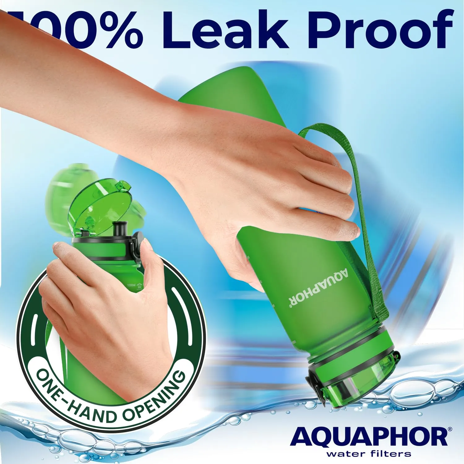 Nakii Filtered Water Bottle, Leakproof, BPA-Free, Motivational Markings, Travel, Everyday Use. 40-Gallon Filter, Replaces 300 Plastic Water Bottles. Includes 1 Filter, 22 FL Oz, Green by Aquaphor