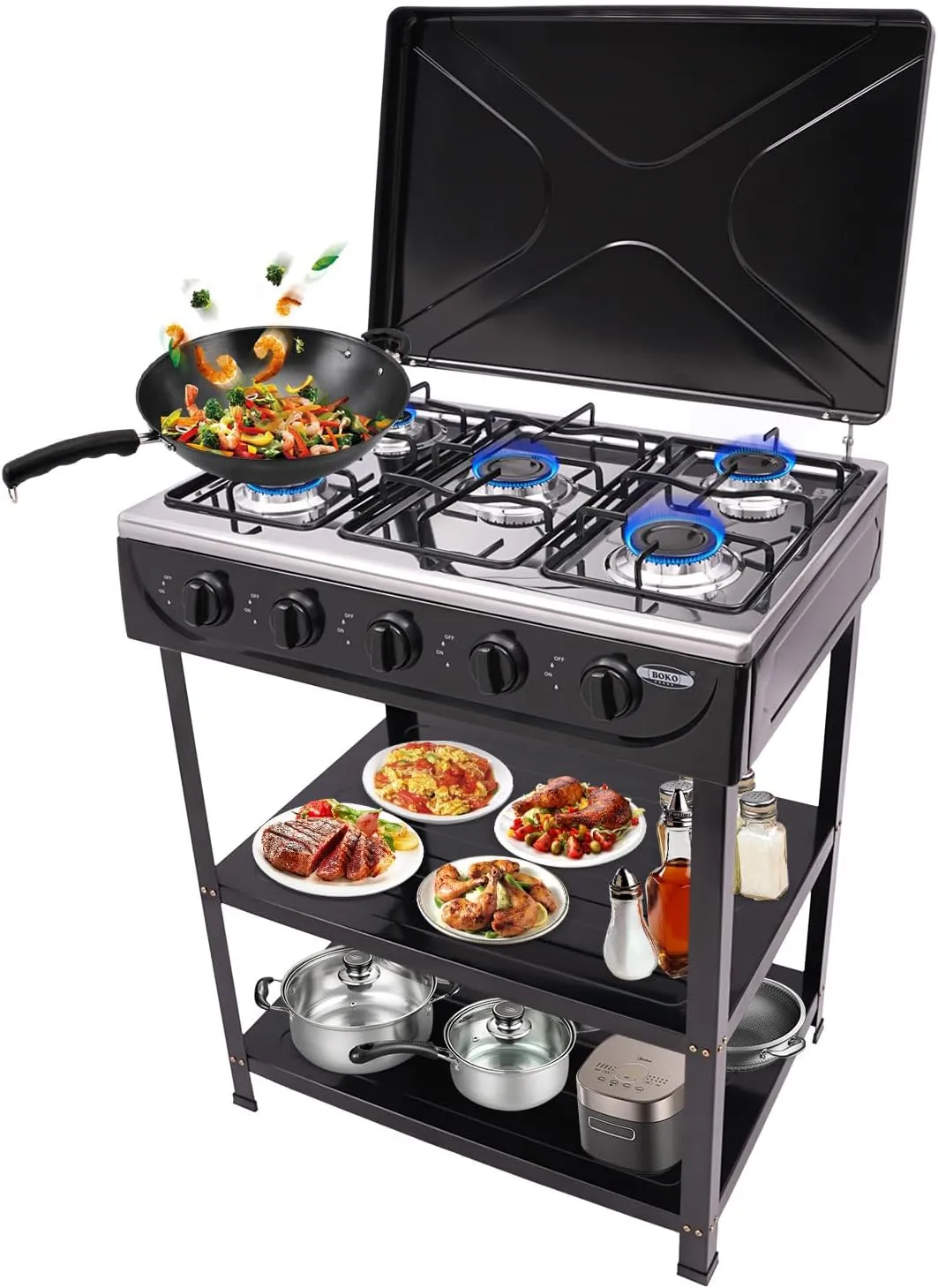 Natural Gas Stove with 5 Burners 2.5KW Portable Natural Gas Stove Manual Ignition Camping Stove w/Wind Blocking Cover & 2 Placement Boards for Camping Fishing RV Rravel (Black)