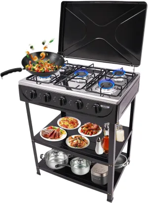 Natural Gas Stove with 5 Burners 2.5KW Portable Natural Gas Stove Manual Ignition Camping Stove w/Wind Blocking Cover & 2 Placement Boards for Camping Fishing RV Rravel (Black)