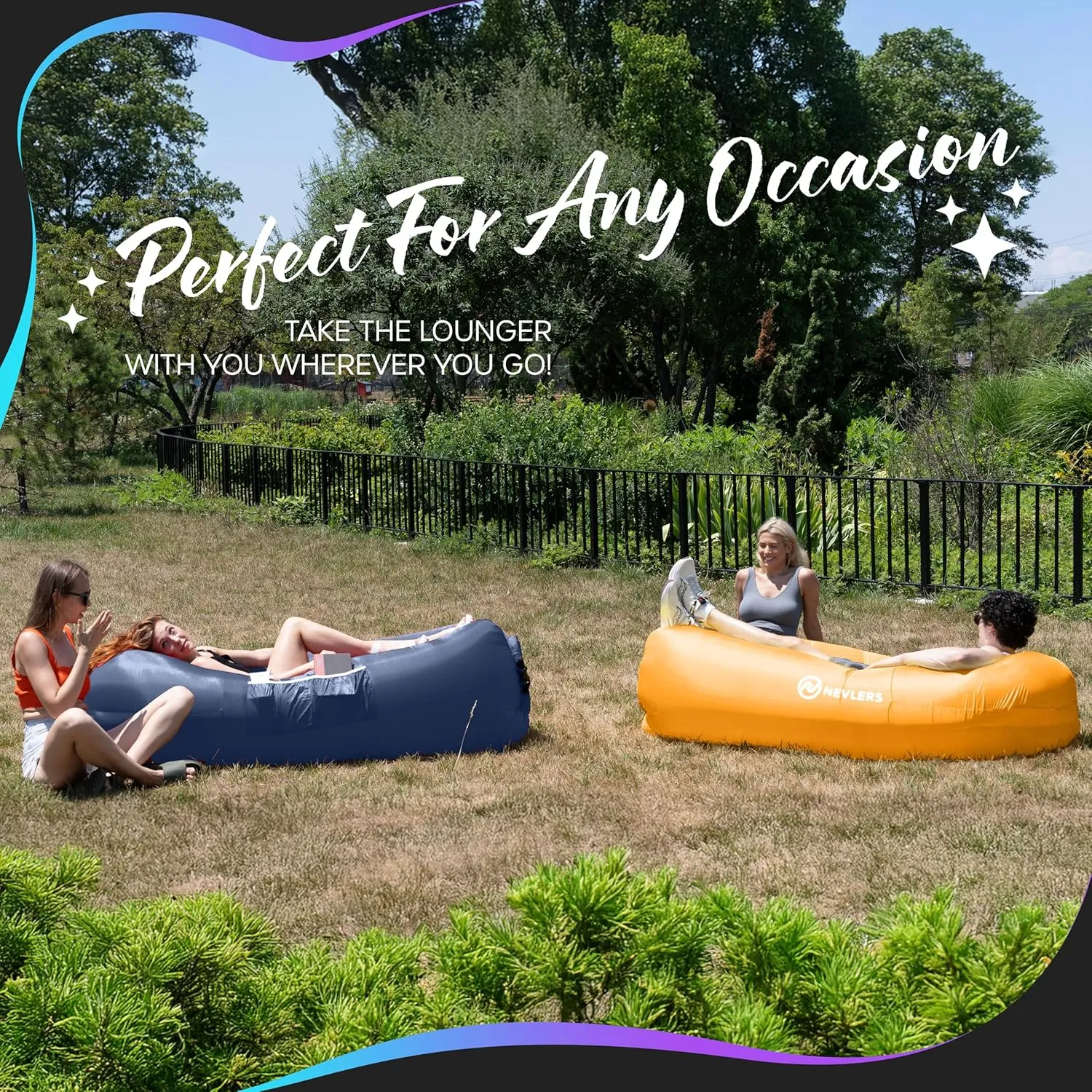 Nevlers 2 Pack Inflatable Loungers Air Sofa Couch | Perfect for Beach Chair Camping Chairs or Portable Hammock |Travel Bag Pouch, Pegs & 3 Pockets| Movie Seating & Camping Accessories Blow Up Lounger