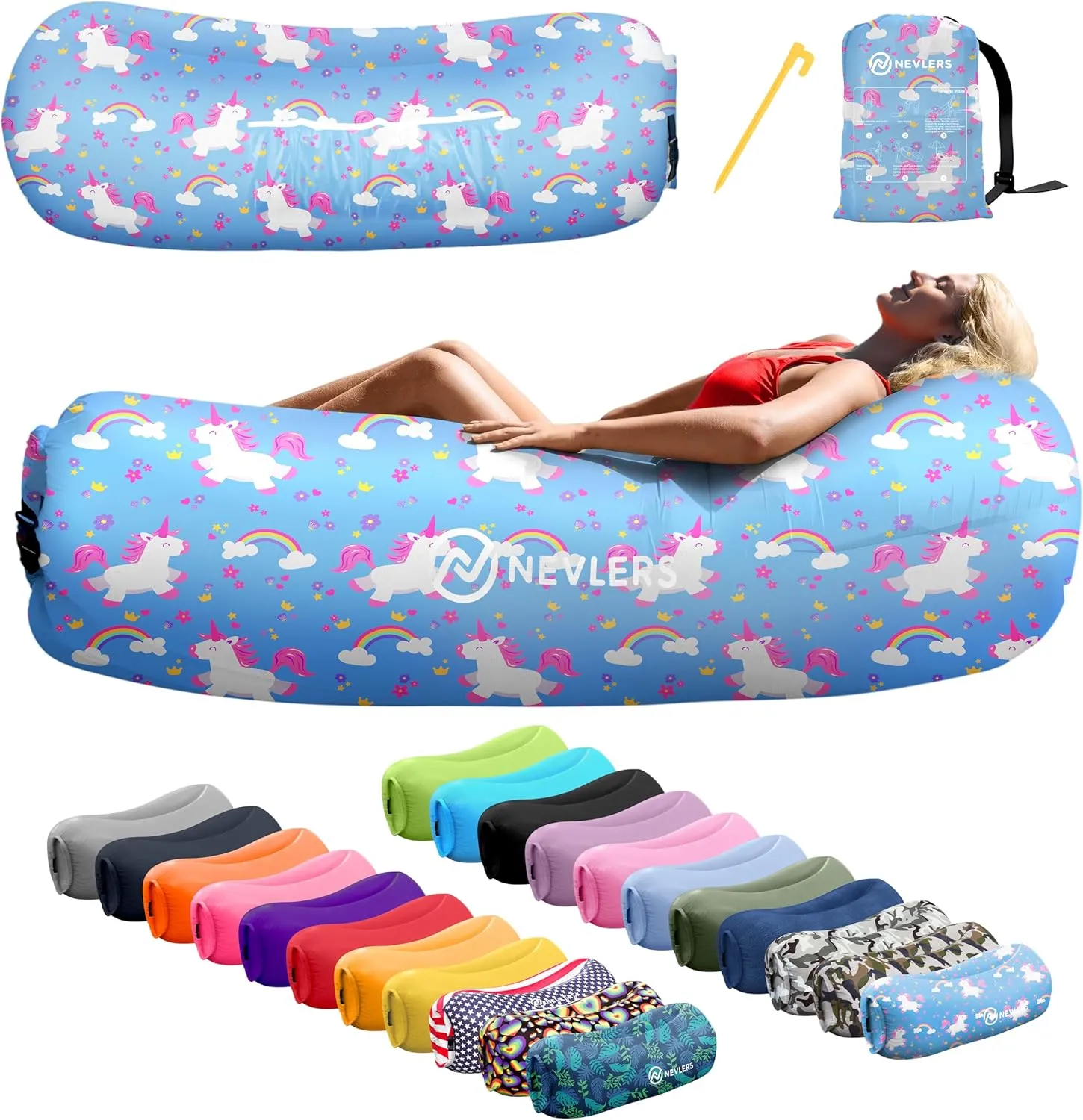 Nevlers 450Lbs Cap Outdoor Inflatable Couch for Camping Unicorn | Tough 210T Polyester Air Chair Inflatable Lounger | Inflatable Chairs for Movie Night, Hiking, Travel Beach Chair & Portable Hammock