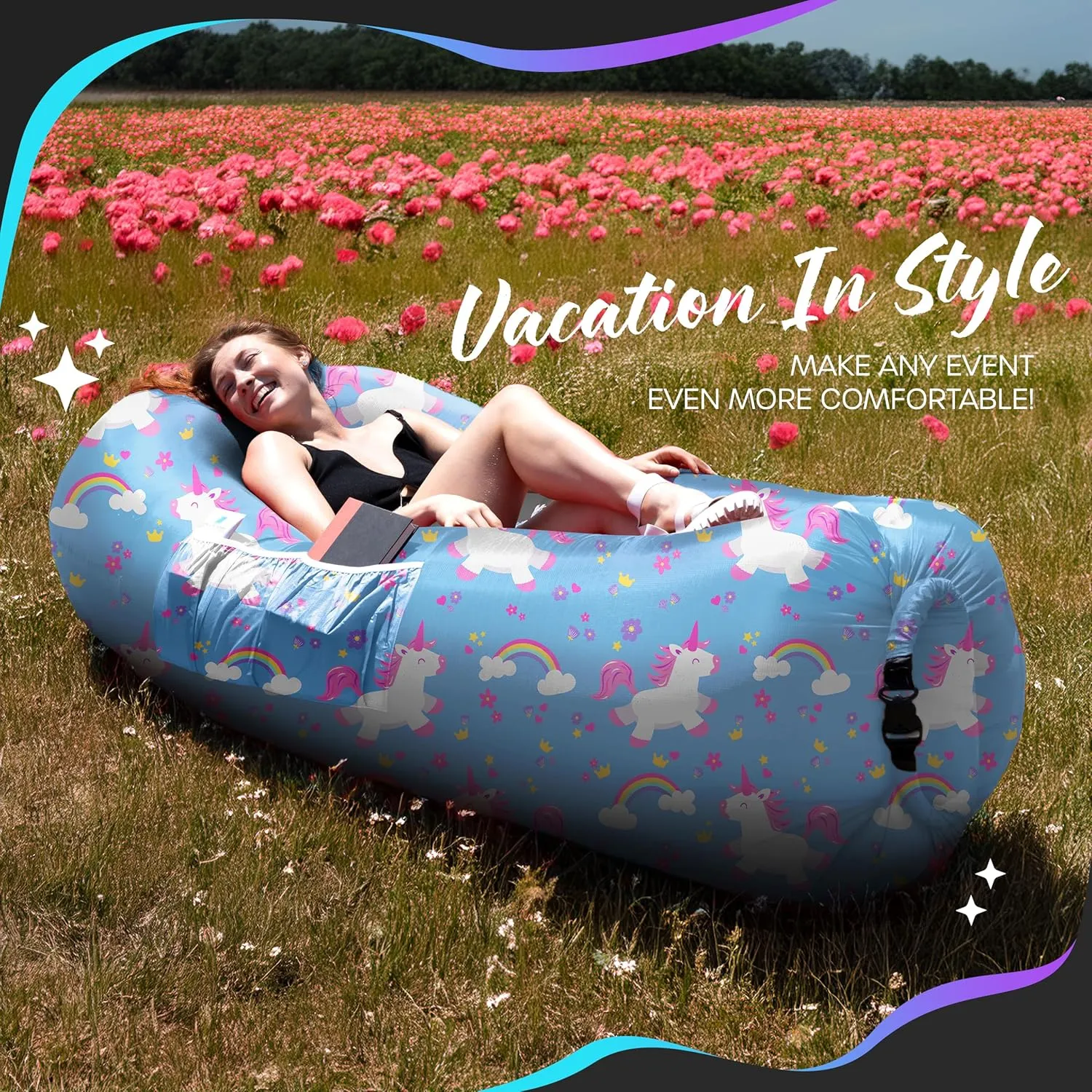 Nevlers 450Lbs Cap Outdoor Inflatable Couch for Camping Unicorn | Tough 210T Polyester Air Chair Inflatable Lounger | Inflatable Chairs for Movie Night, Hiking, Travel Beach Chair & Portable Hammock