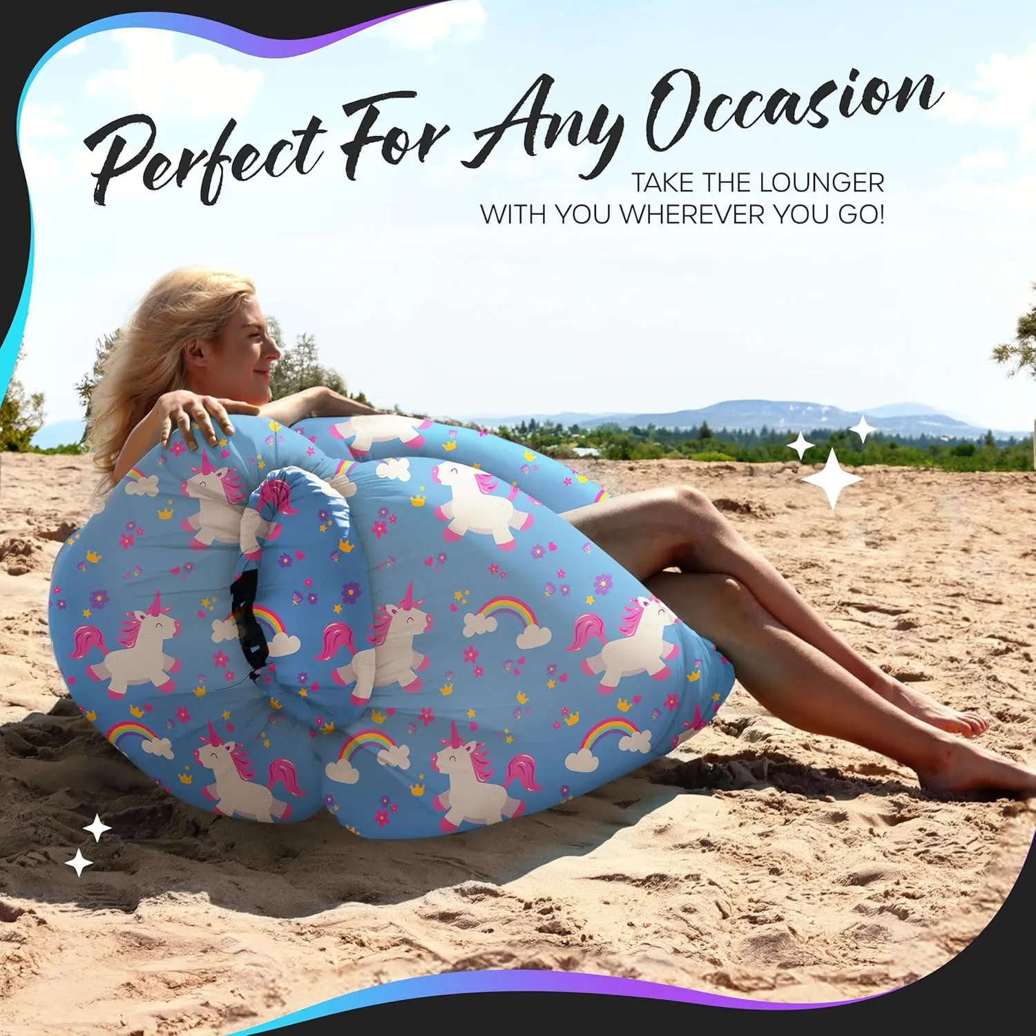 Nevlers 450Lbs Cap Outdoor Inflatable Couch for Camping Unicorn | Tough 210T Polyester Air Chair Inflatable Lounger | Inflatable Chairs for Movie Night, Hiking, Travel Beach Chair & Portable Hammock
