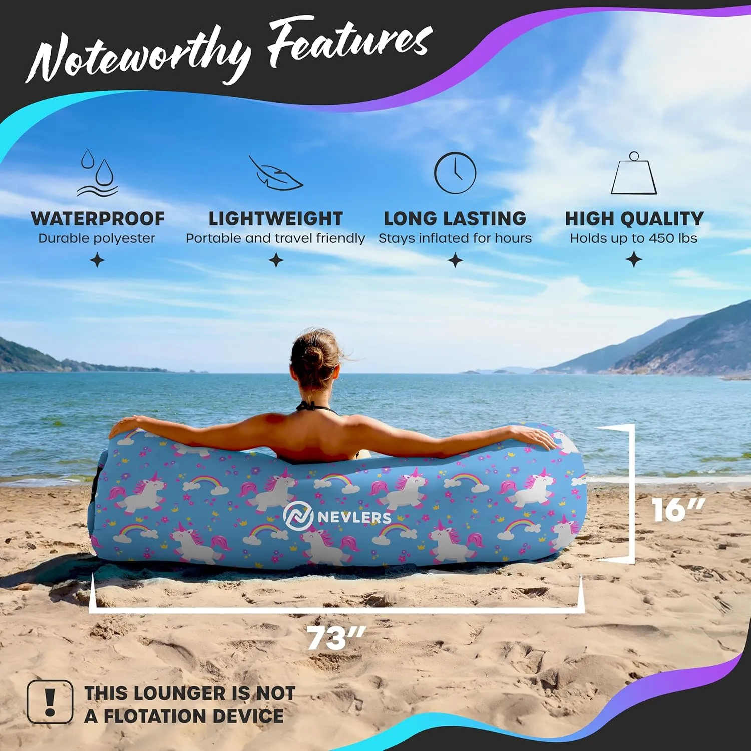Nevlers 450Lbs Cap Outdoor Inflatable Couch for Camping Unicorn | Tough 210T Polyester Air Chair Inflatable Lounger | Inflatable Chairs for Movie Night, Hiking, Travel Beach Chair & Portable Hammock