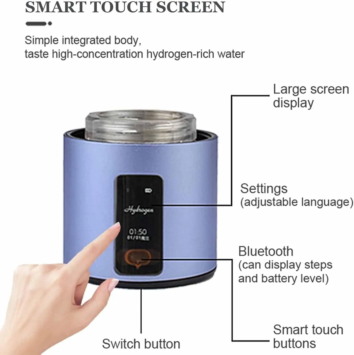 New Electrolyzed Water Cup, Smart Portable Hydrogen Production Bottle, 5000ppb Hydrogen-Rich Water Cup, with Touch Screen, High Concentration H2 Water Bottle