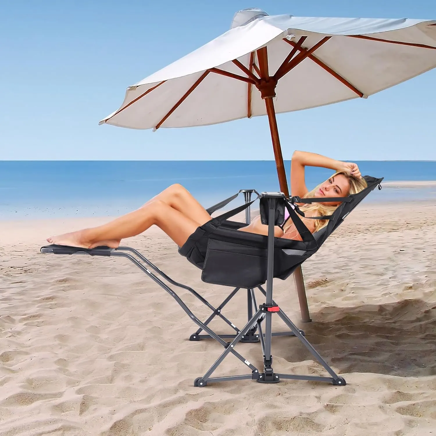 Nice C Hammock Camping Chair, Camping Chair Rocker, Swinging Chair, High Back with Stand, Cup Holder, Side Pocket, Heavy Duty (1, Black w/footrest)