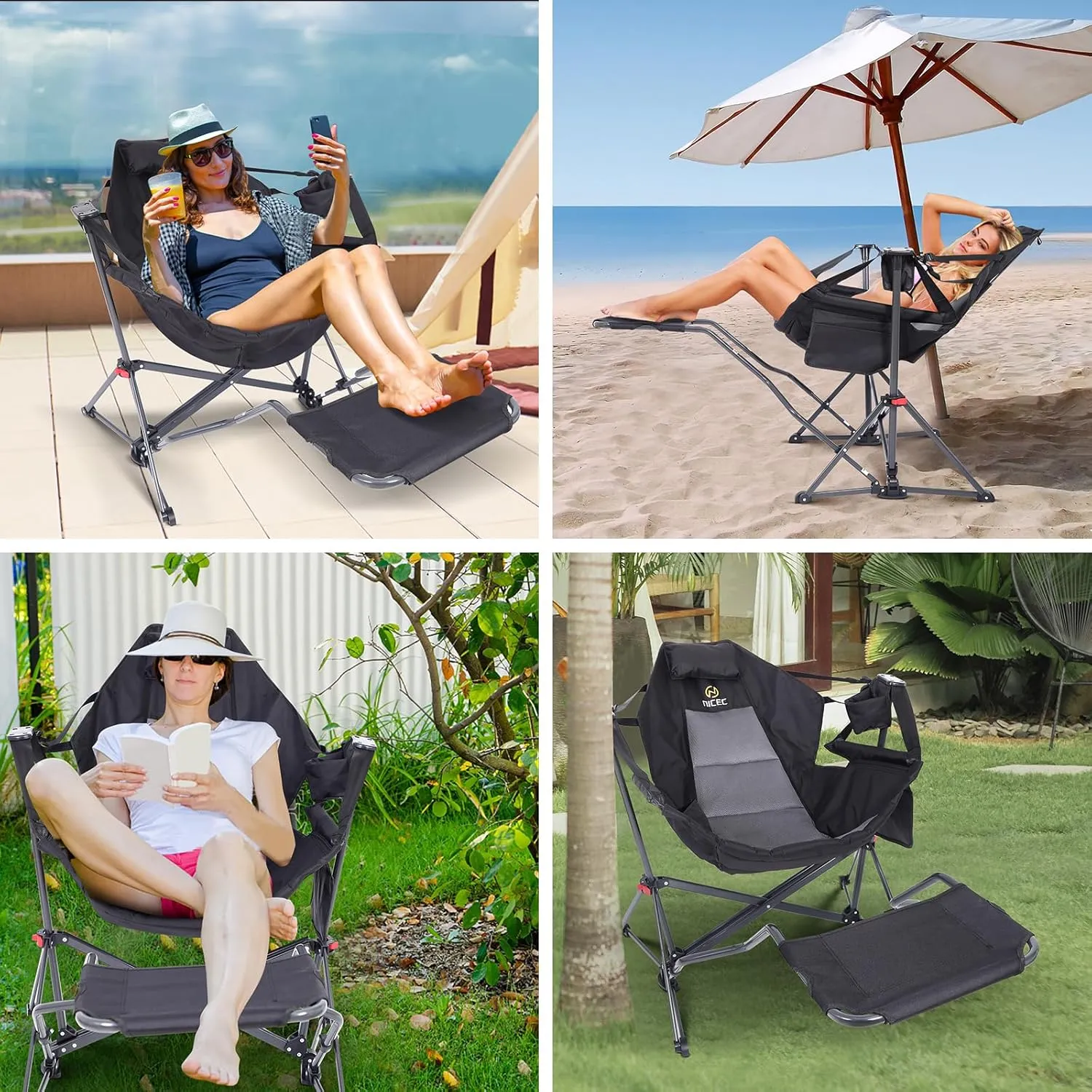 Nice C Hammock Camping Chair, Camping Chair Rocker, Swinging Chair, High Back with Stand, Cup Holder, Side Pocket, Heavy Duty (1, Black w/footrest)