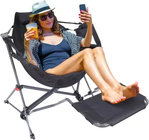 Nice C Hammock Camping Chair, Camping Chair Rocker, Swinging Chair, High Back with Stand, Cup Holder, Side Pocket, Heavy Duty (1, Black w/footrest)