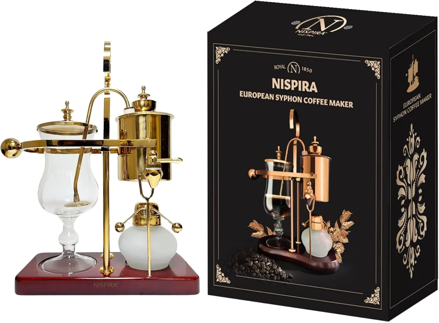 Nispira Belgium Royal Family Balance Syphon Unique Gravity Vintage Coffee Maker Vacuum Brewing System Gold 500 ml