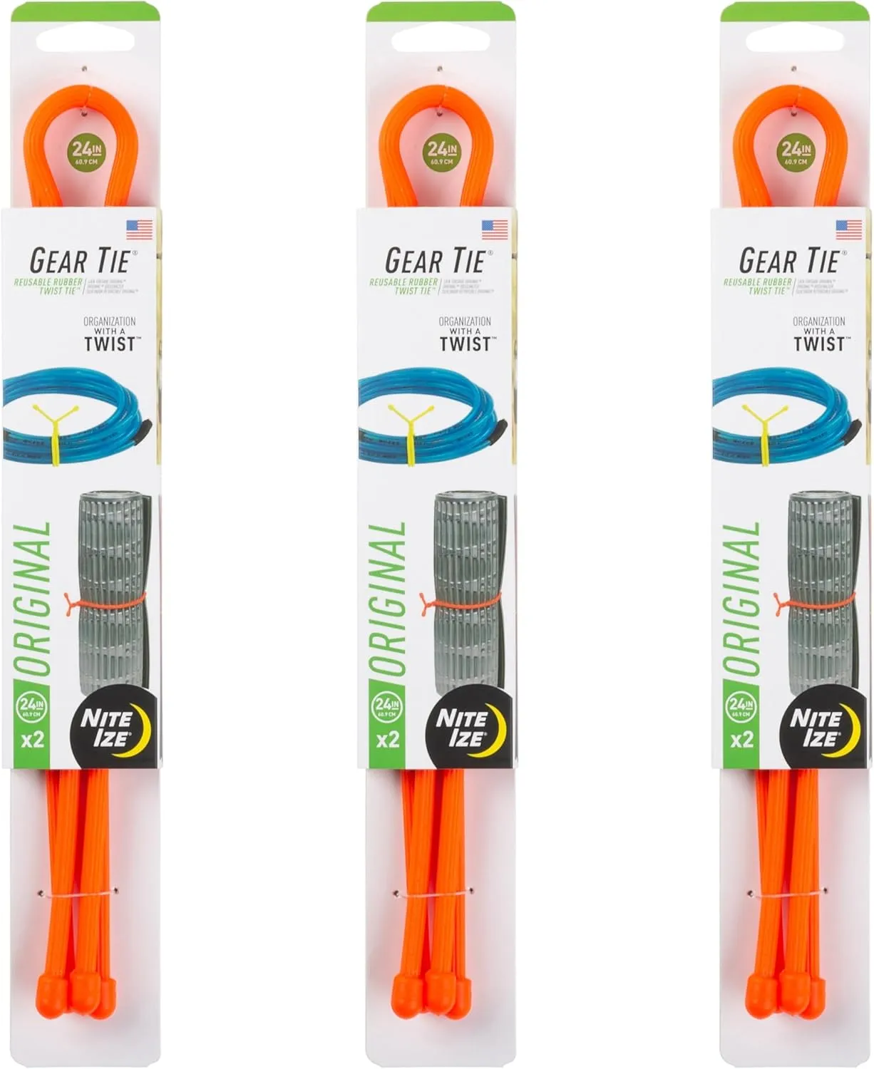 Nite Ize Gear Tie Reusable Rubber Twist Tie - Bendable Rubber Ties for Indoor & Outdoor Use - Reusable Multipurpose Twist Ties for Organizing & More - 24", Bright Orange (3 Pack)
