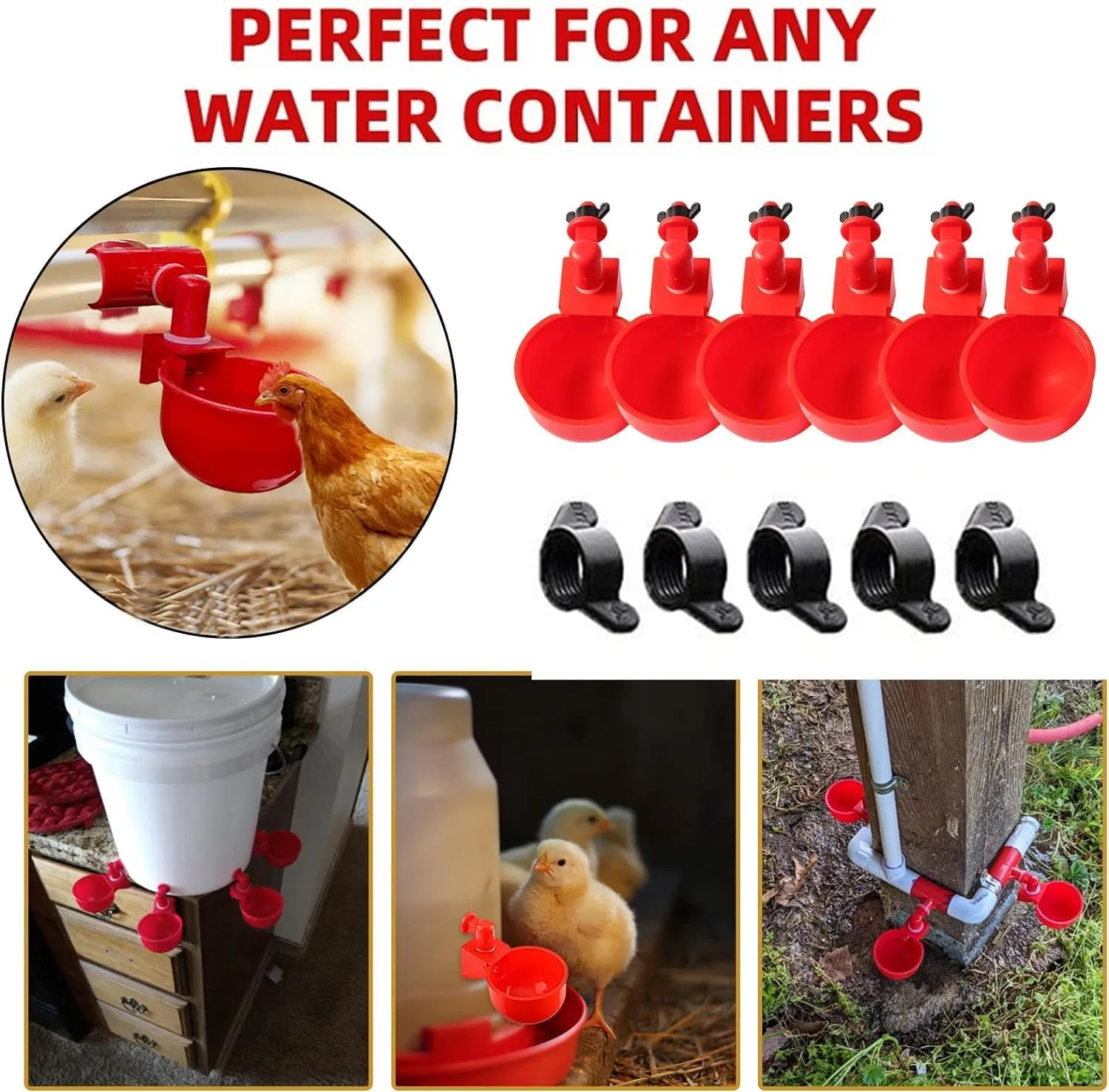 No Waste Chicken Feeder and Waterer Set,with Rat Stopper Caps,6 Ports 6 Chicken Water Cups and Hole Saw,DIY Poultry Feeder Port Gravity Automatic Fed Kit for Buckets,Barrels,Bins,Troughs