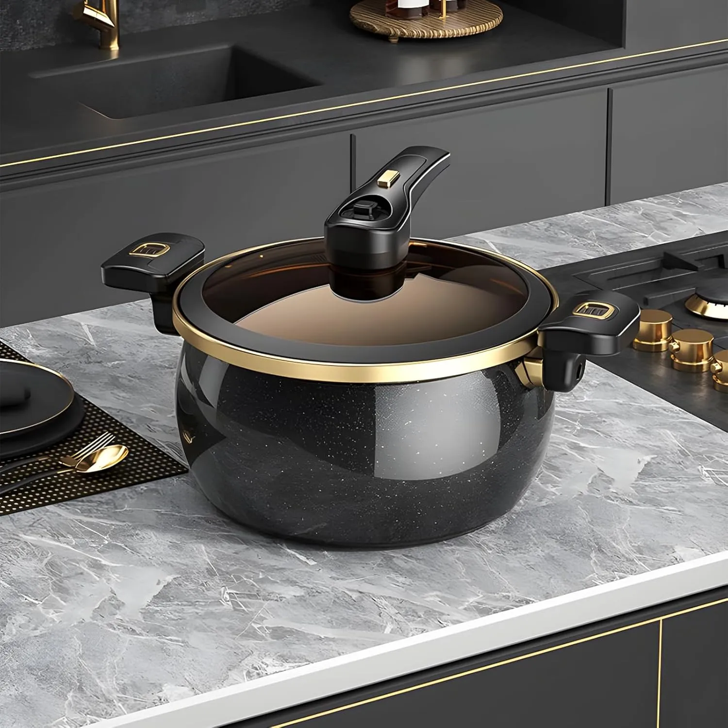 Nonstick Ceramic Coated Sauce Pan with Lid Black Crock Pot with Twist & Lock Handles, Micro Pressure Cooker Versatile stock pot with lid, Bottom Big Soup Canning Pots,Simmer Pot (BLACK, 5.5Quarts)