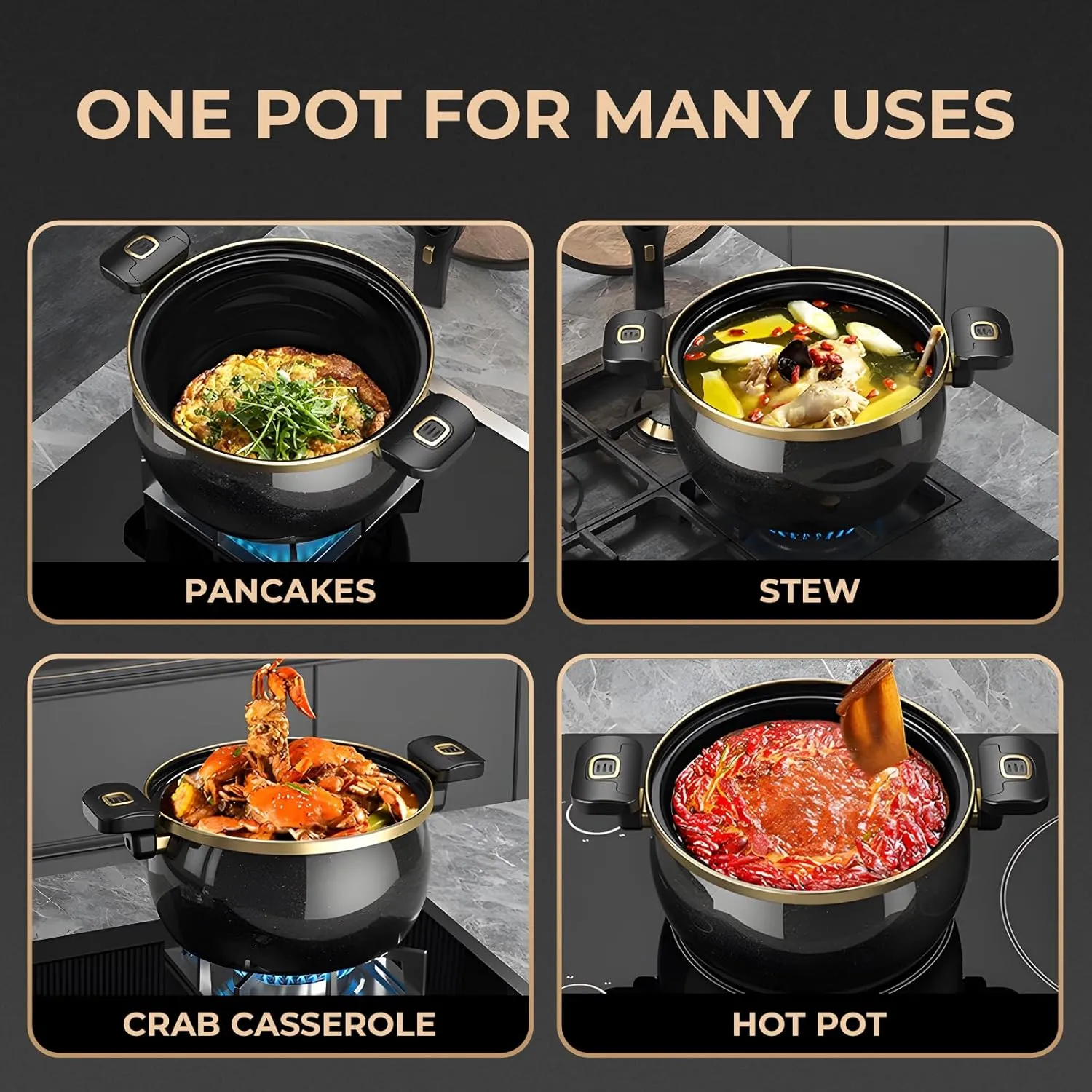 Nonstick Ceramic Coated Sauce Pan with Lid Black Crock Pot with Twist & Lock Handles, Micro Pressure Cooker Versatile stock pot with lid, Bottom Big Soup Canning Pots,Simmer Pot (BLACK, 5.5Quarts)