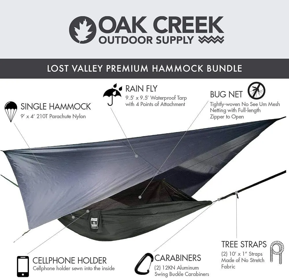 Oak Creek Camping Hammock and Accessories. Complete Package with Mosquito Bug Net, Rain Fly, Tree Straps. Great for Hiking, Backpacking, and Travel. Weighs Only 4 Pounds.