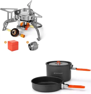 Odoland Bundle - 2 Items 3500W Windproof Camp Stove and Camping Cookware Mess Kit