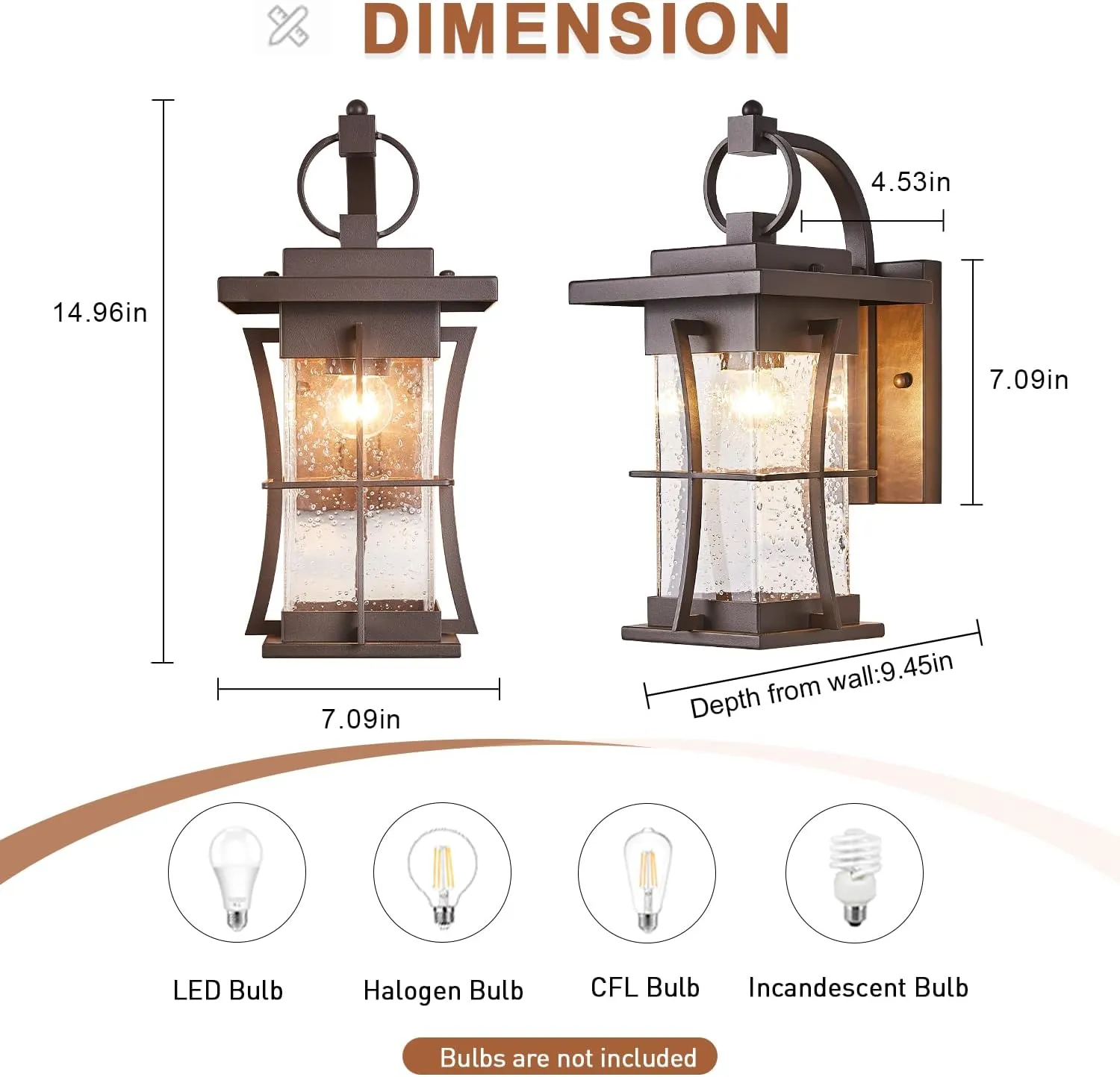 Oil Rubbed Bronze Outdoor Light Sconces Wall Mount Matte Brown Outdoor Wall Lamp Large Exterior Porch Wall Lantern with Seeded Glass 15" Outside Lights for House, Front Door, Patio, Backyard