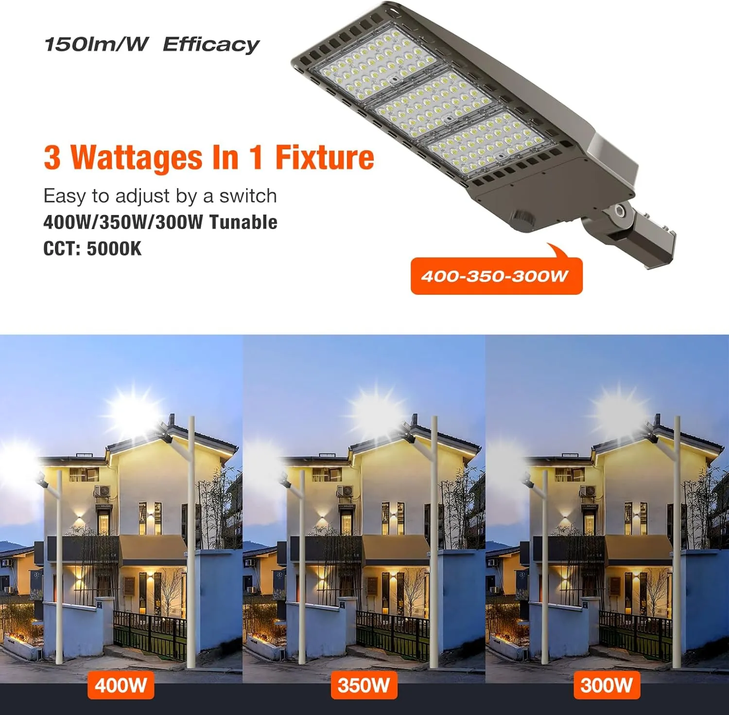 OKQ 300W-400W Adjustable LED Parking Lot Light 60000LM, UL Listed Dusk to Dawn Photocell, 5000K Slip Fitter Mount, 100-277V for Street Stadium Barn Yard Driveway Roadway Garage