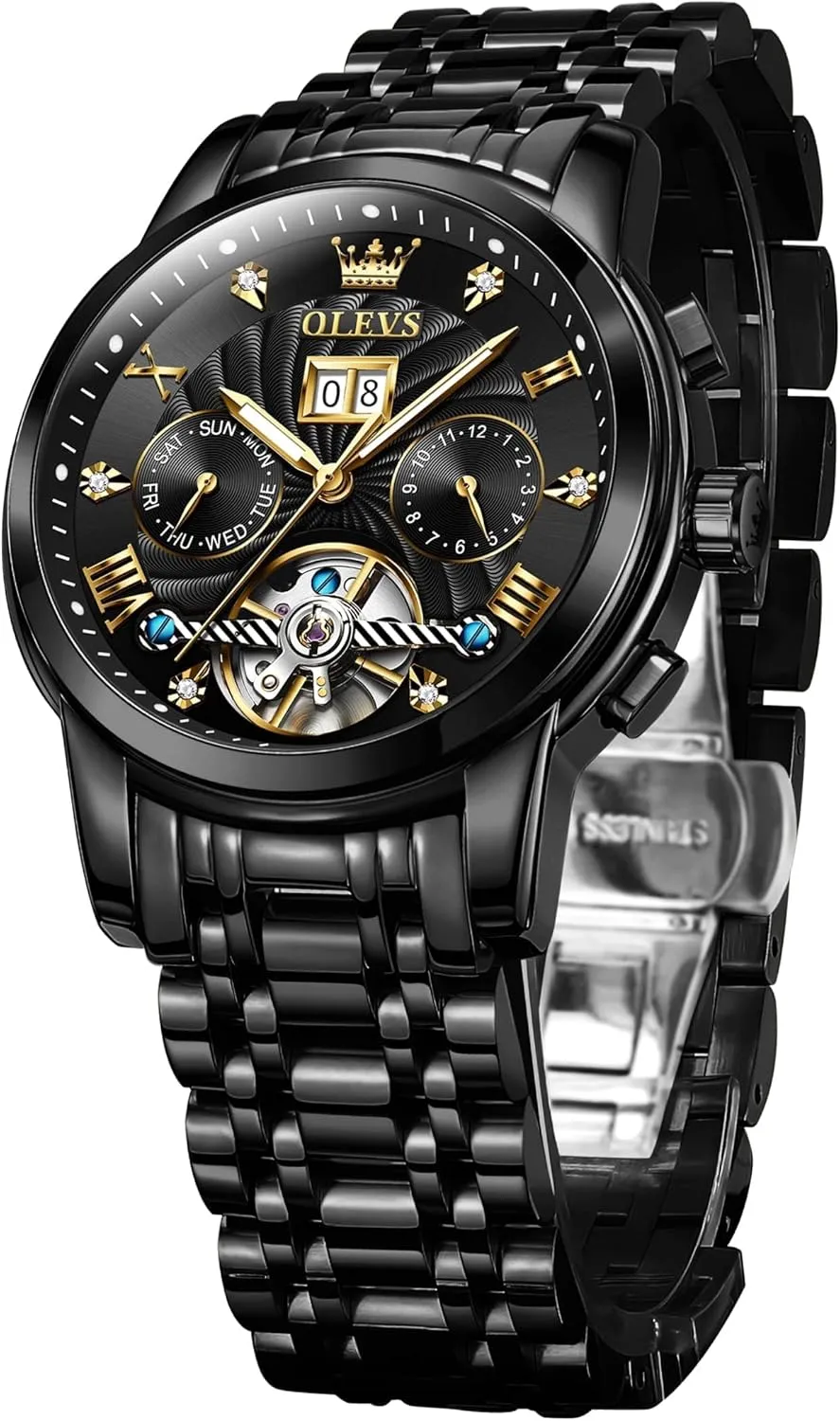 OLEVS Men's Automatic Mechanical Watches Luxury Dress Waterproof Self Winding Moon Phase Chronograph Stainless Steel Luminous Date Tourbillon Wristwatch for Men
