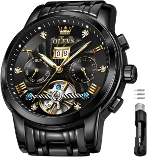 OLEVS Men's Automatic Mechanical Watches Luxury Dress Waterproof Self Winding Moon Phase Chronograph Stainless Steel Luminous Date Tourbillon Wristwatch for Men