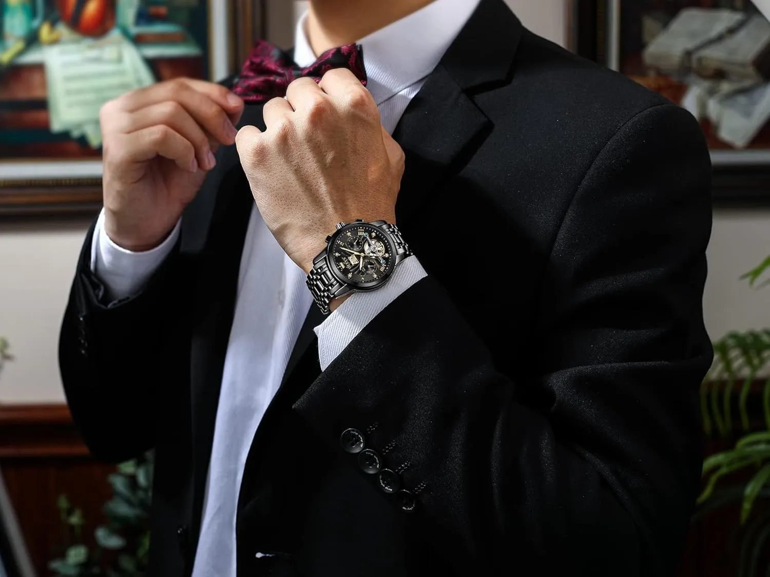 OLEVS Men's Automatic Mechanical Watches Luxury Dress Waterproof Self Winding Moon Phase Chronograph Stainless Steel Luminous Date Tourbillon Wristwatch for Men